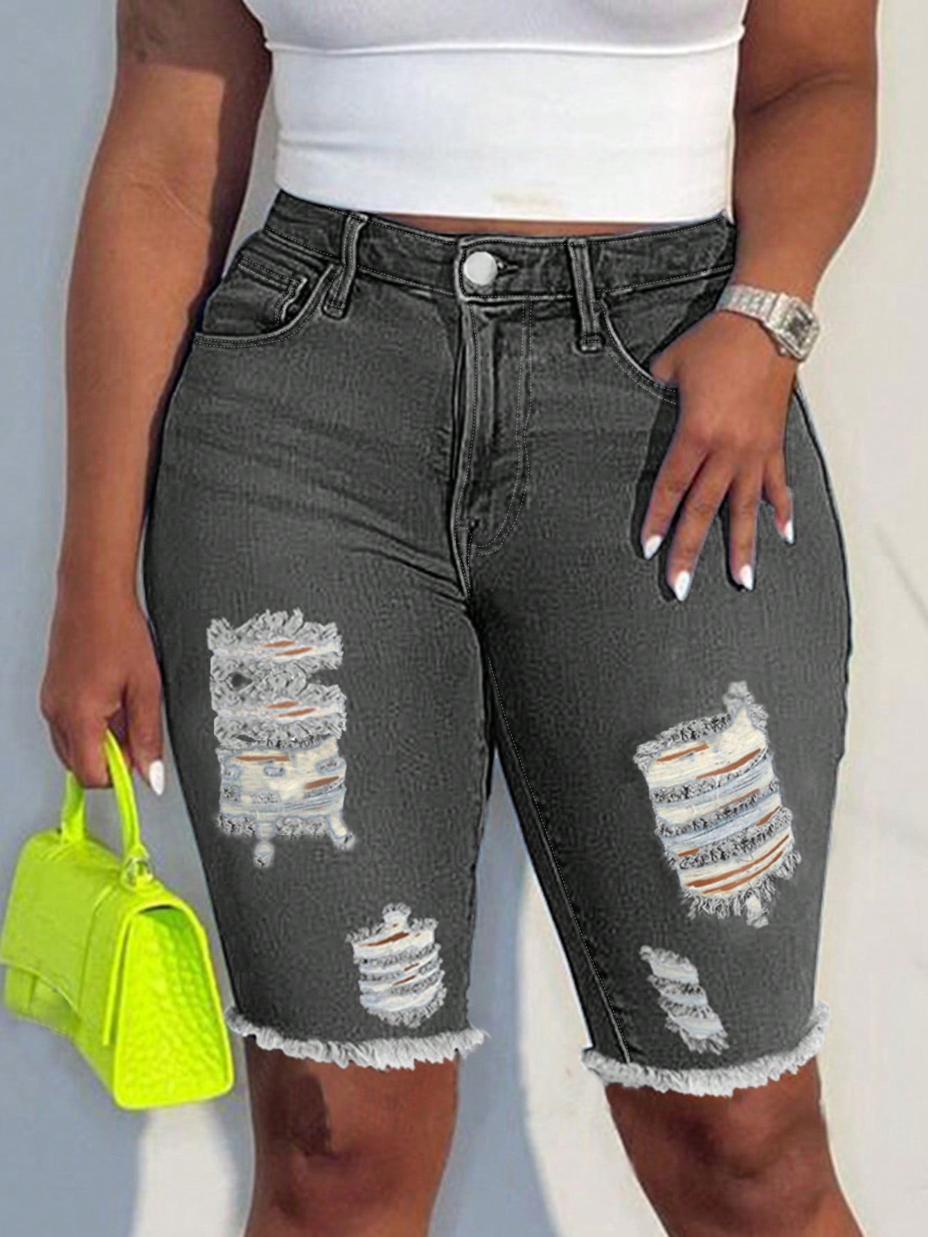 Ripped Raw Hem Denim Shorts