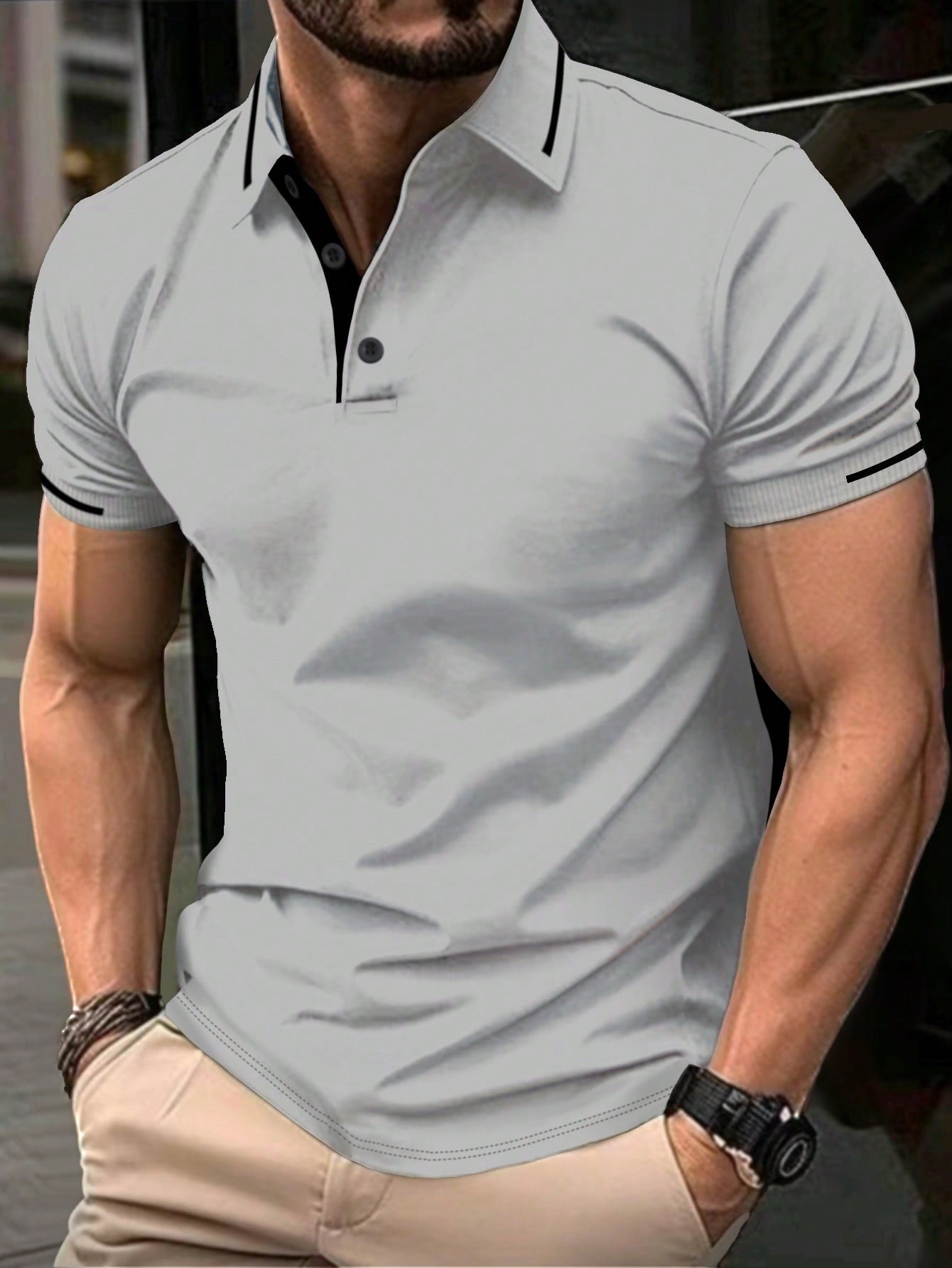 Manfinity Homme Men's Contrast Color Short Sleeve Polo Shirt With Decorative Details