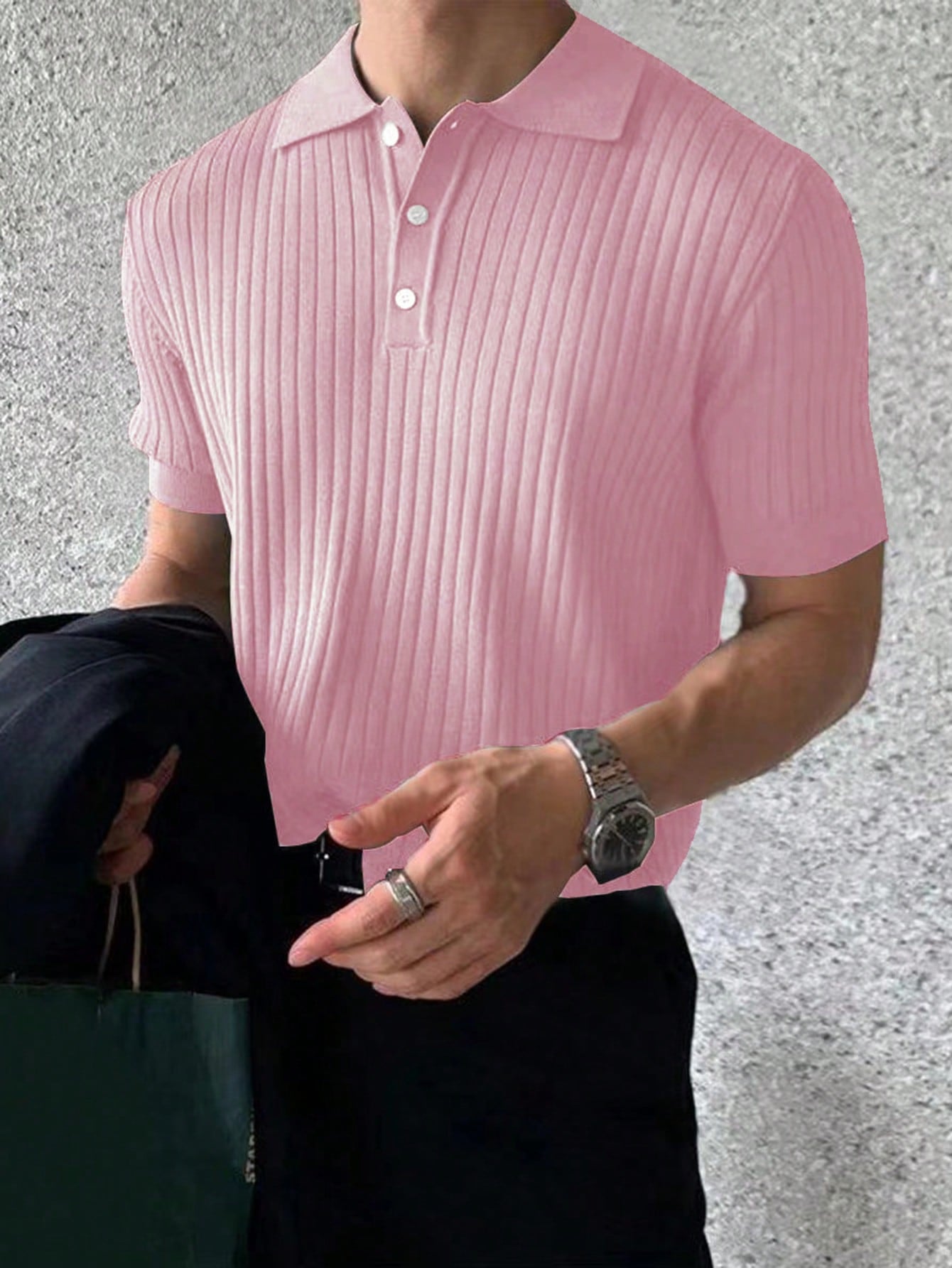 Men's Short Sleeve Ribbed Knit Polo Shirt