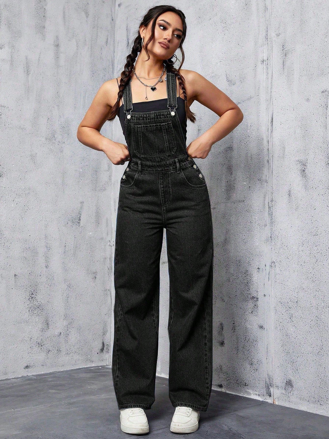 Casual Solid Color Patchwork Pocket Denim Overalls