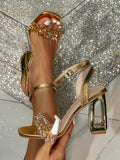 Women'S Fashionable Jelly Sandals With Rhinestone Accent, Square Toe, Clear Pc Strap With Crystal Details, 9cm Pc Heel For Party & Banquet & Outdoor Activities