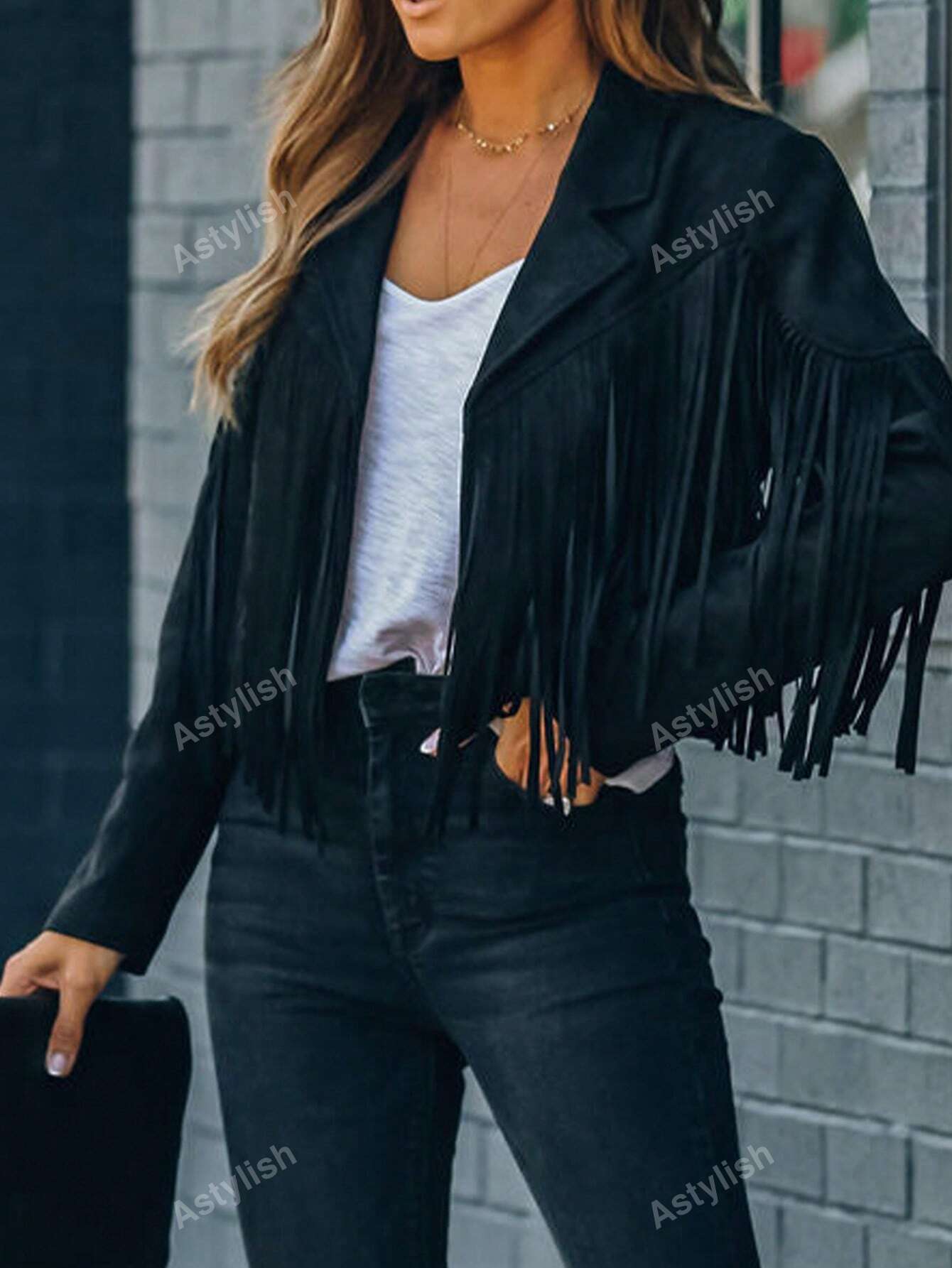 Astylish Women Long Sleeve Fringe Open Front Faux Suede Moto Jacket
