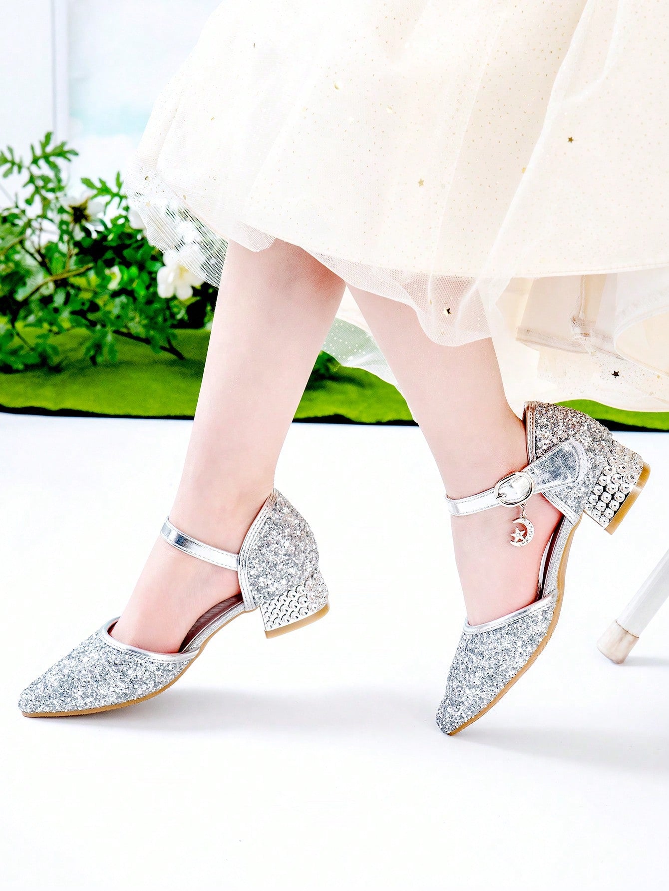 Children's Party Dress Shoes With Champagne Glitter Butterfly Decor, For Fall/Winter