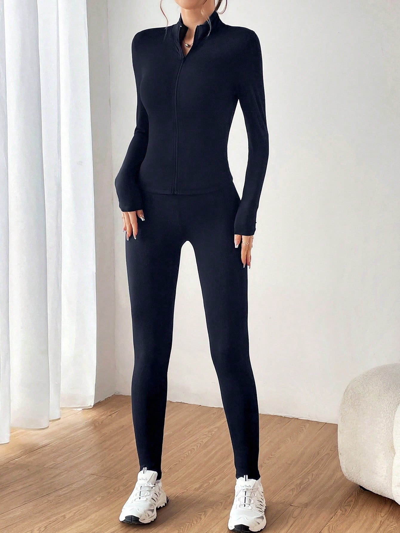 Black Two Piece Set Sportswear Zip Up Jacket & Leggings