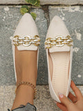 Women's Metal Chain Decorated Loafers, Pointed Toe, Low Heel, Comfortable, Beige Velvet Flat Shoes, Fashionable And Elegant Style
