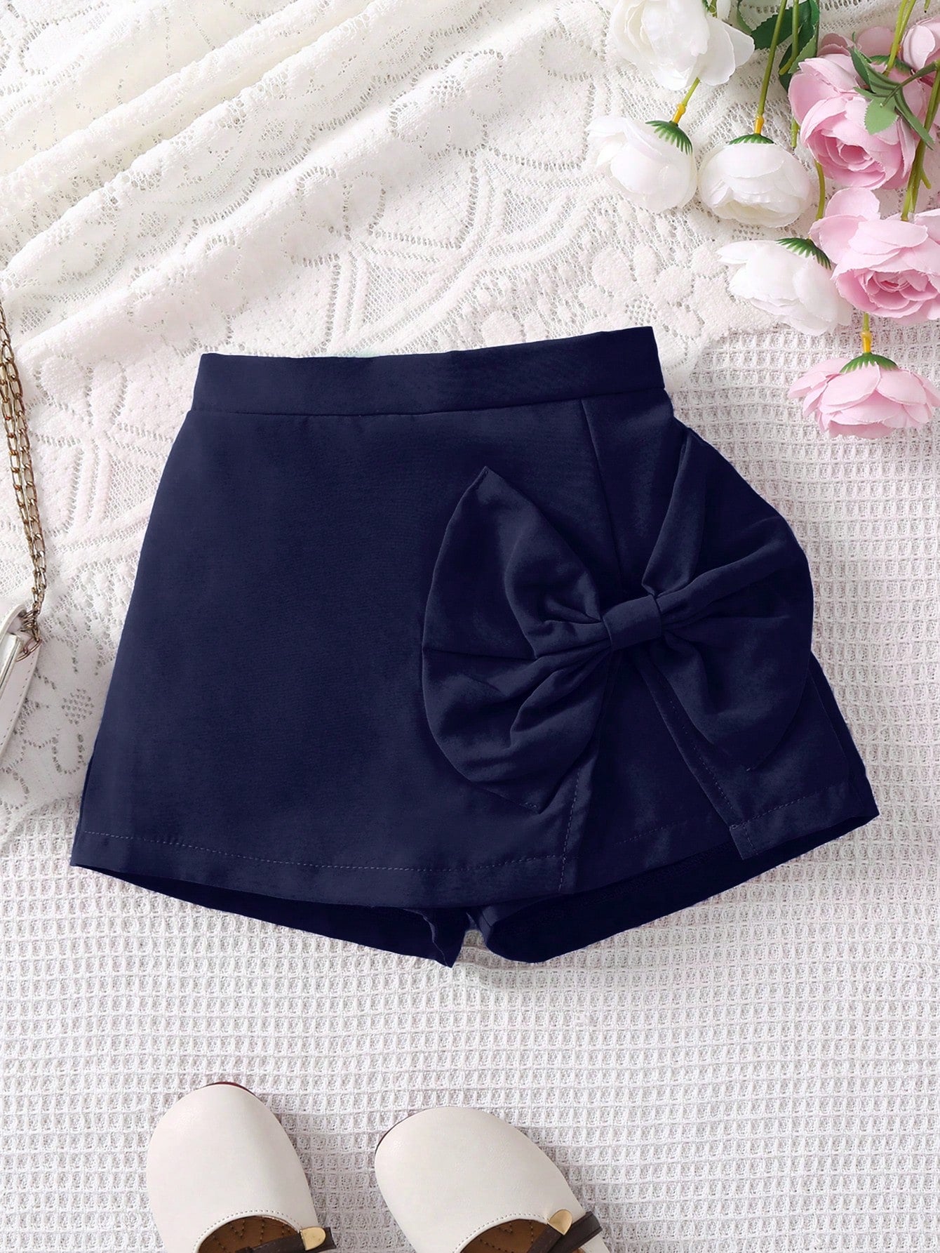 Young Girl Solid Color Bow Decor Summer Shorts