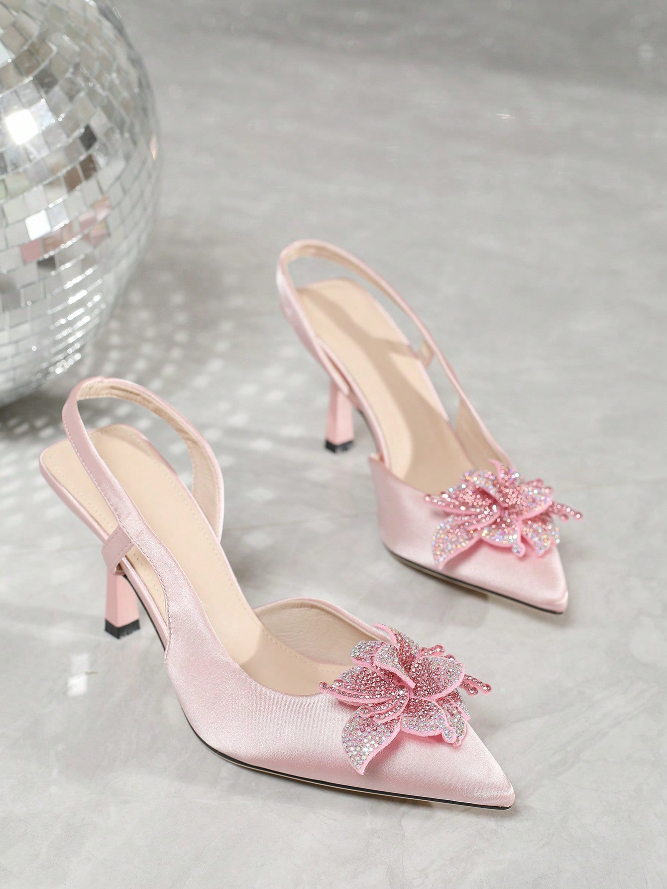 Women's Solid Color Pointed Toe Silk Stiletto Heels With 3D Flower & Rhinestone Detail, Ideal For Parties, Banquets & Dates In Spring, Summer Or Autumn. These Luxury, Sexy & Elegant Shoes Are In Pink & Magenta. Available In Plus Size (41, 42, 43) And Smal