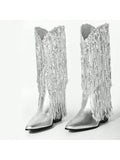 Women's Fringe Western Cowboy Boots Metallic Cowgirl Mid-Calf Boots Pointed-Toe Chunky Block Heel Fashion Party Boots For Ladies With Tassel