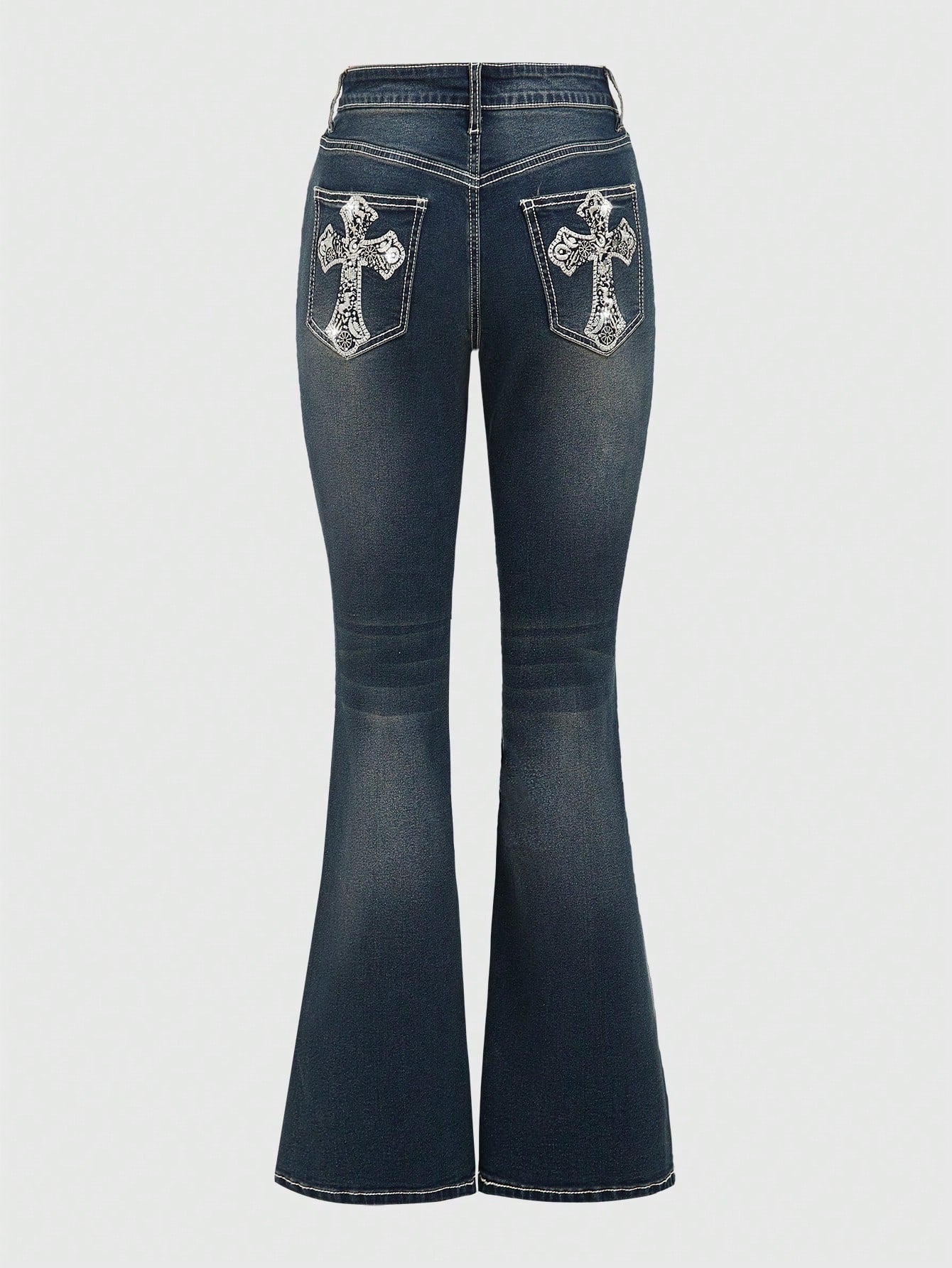 Punk Plus Size Women's Embroidered Cross Pocket Flared Casual Jeans, School
