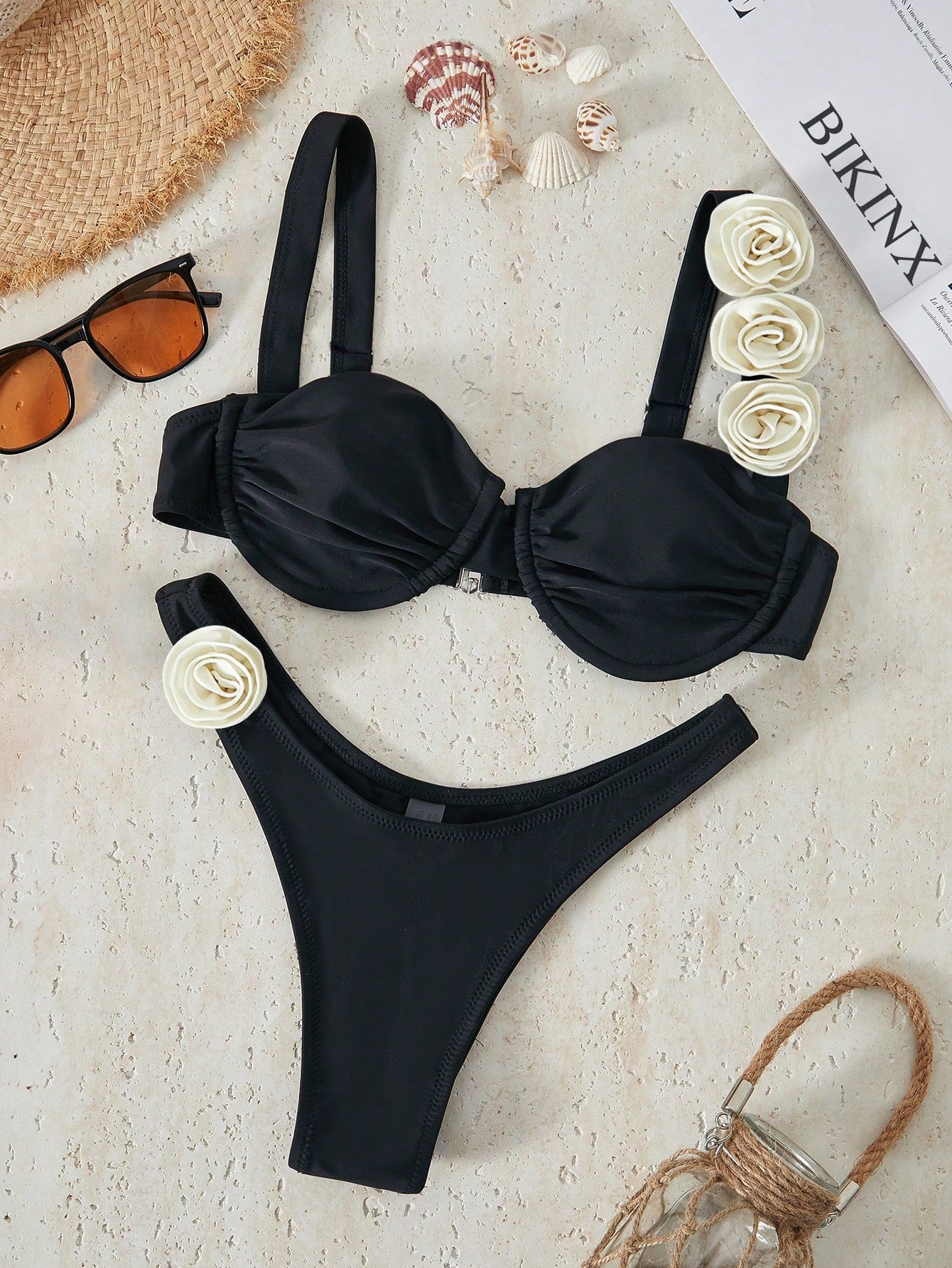 Bikinx Solid Color Underwire 3d Flower Design Sexy Bikini Set