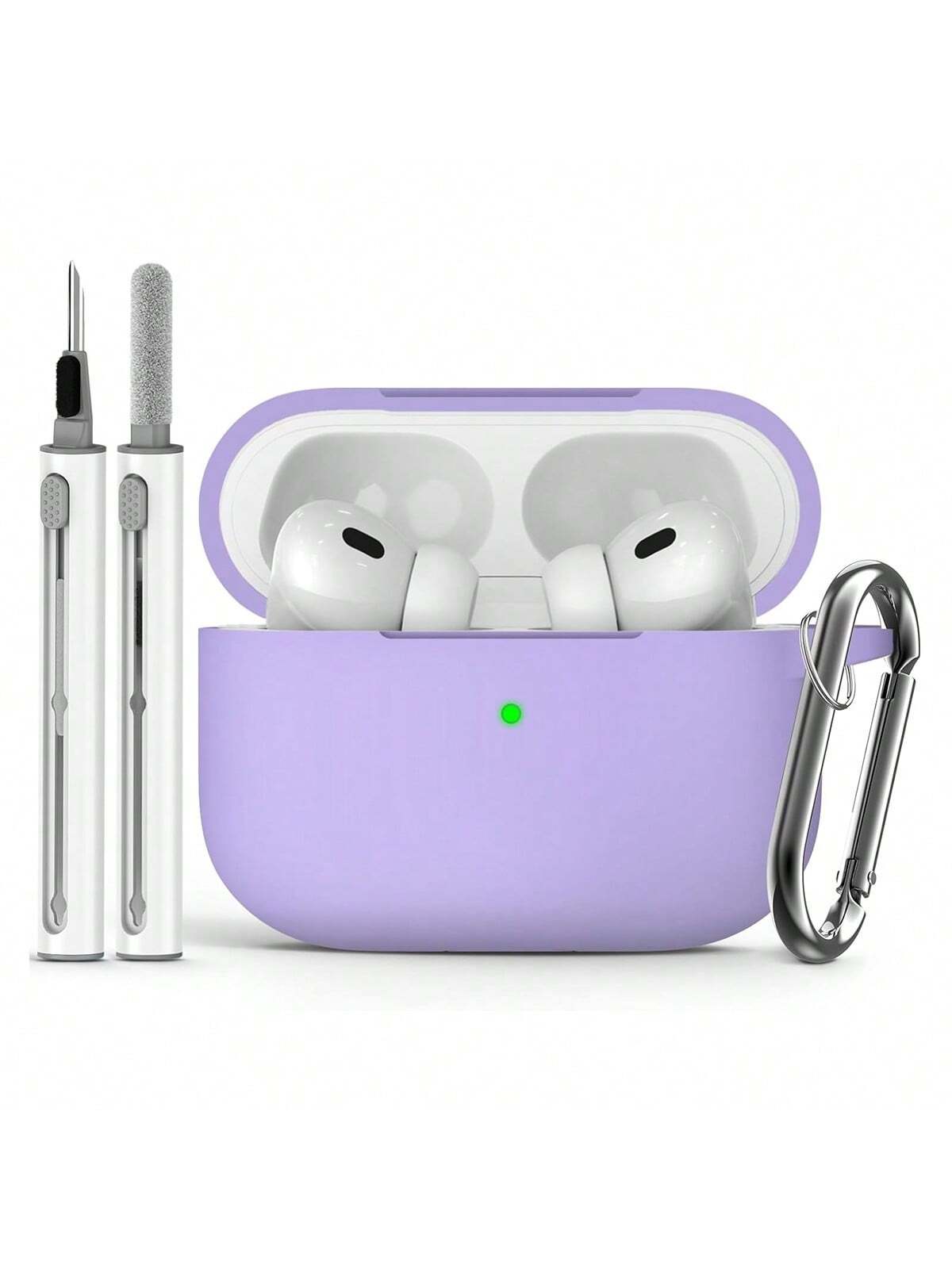 Pink 1pc Solid Color Silicone Airpods Protective Cover With Climbing Buckle Strap And Cleaning Pen