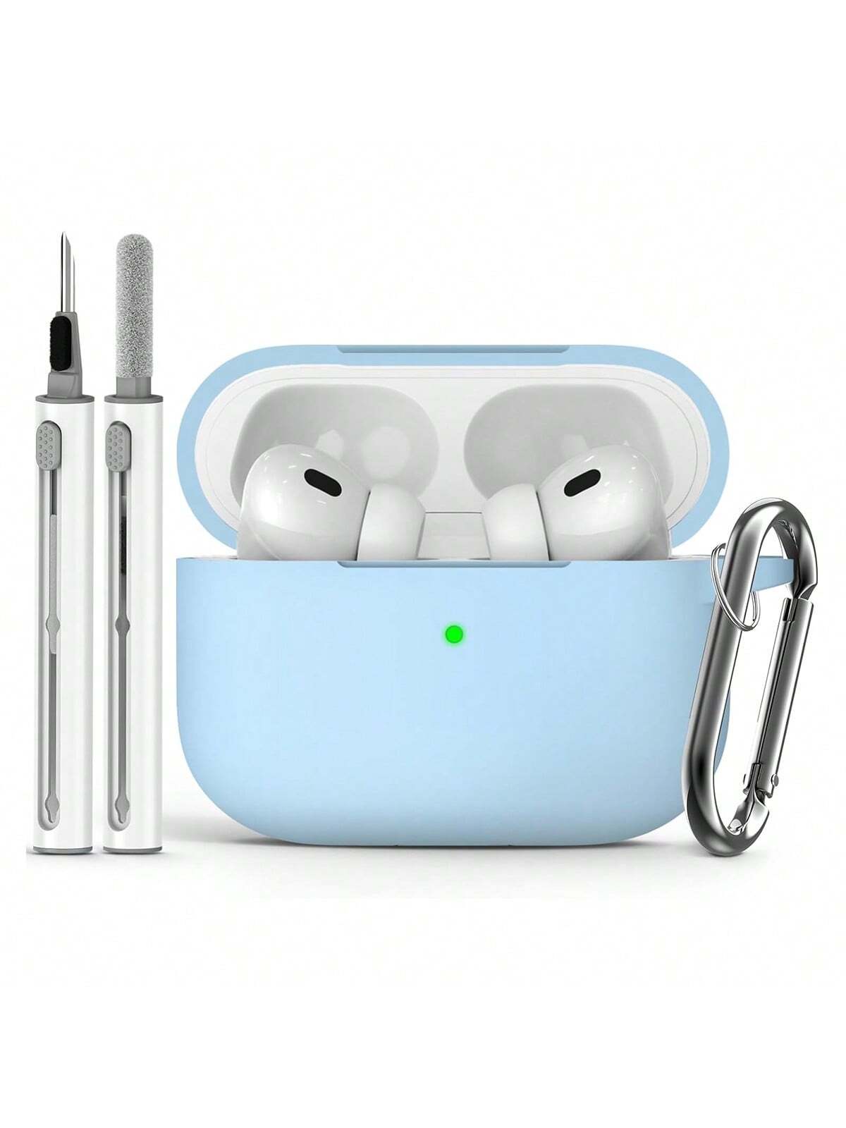 Pink 1pc Solid Color Silicone Airpods Protective Cover With Climbing Buckle Strap And Cleaning Pen