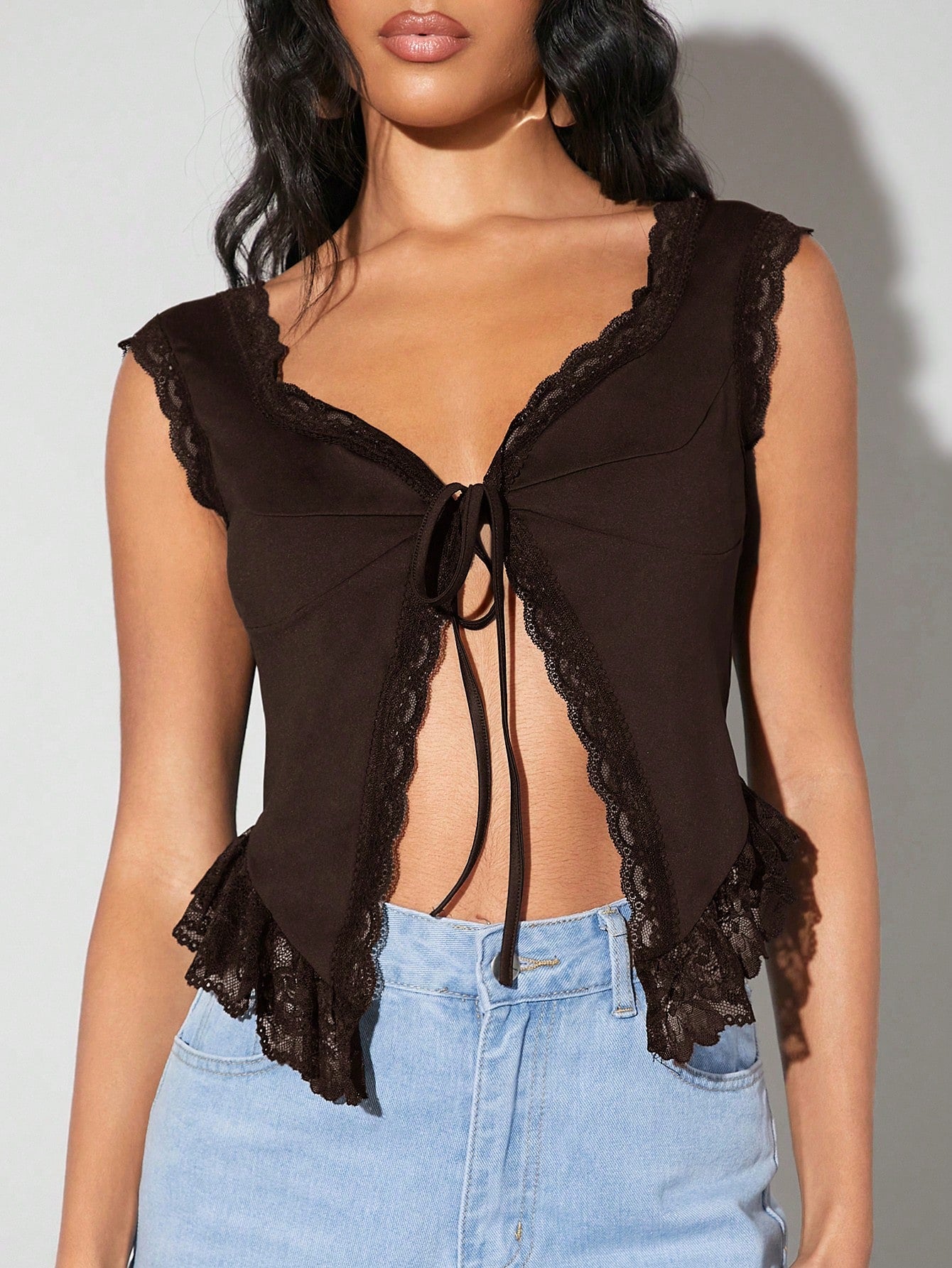 Black Lace Trim Bow Tie Going Out Summer Tank Top, Suitable For Date And Daily Wear