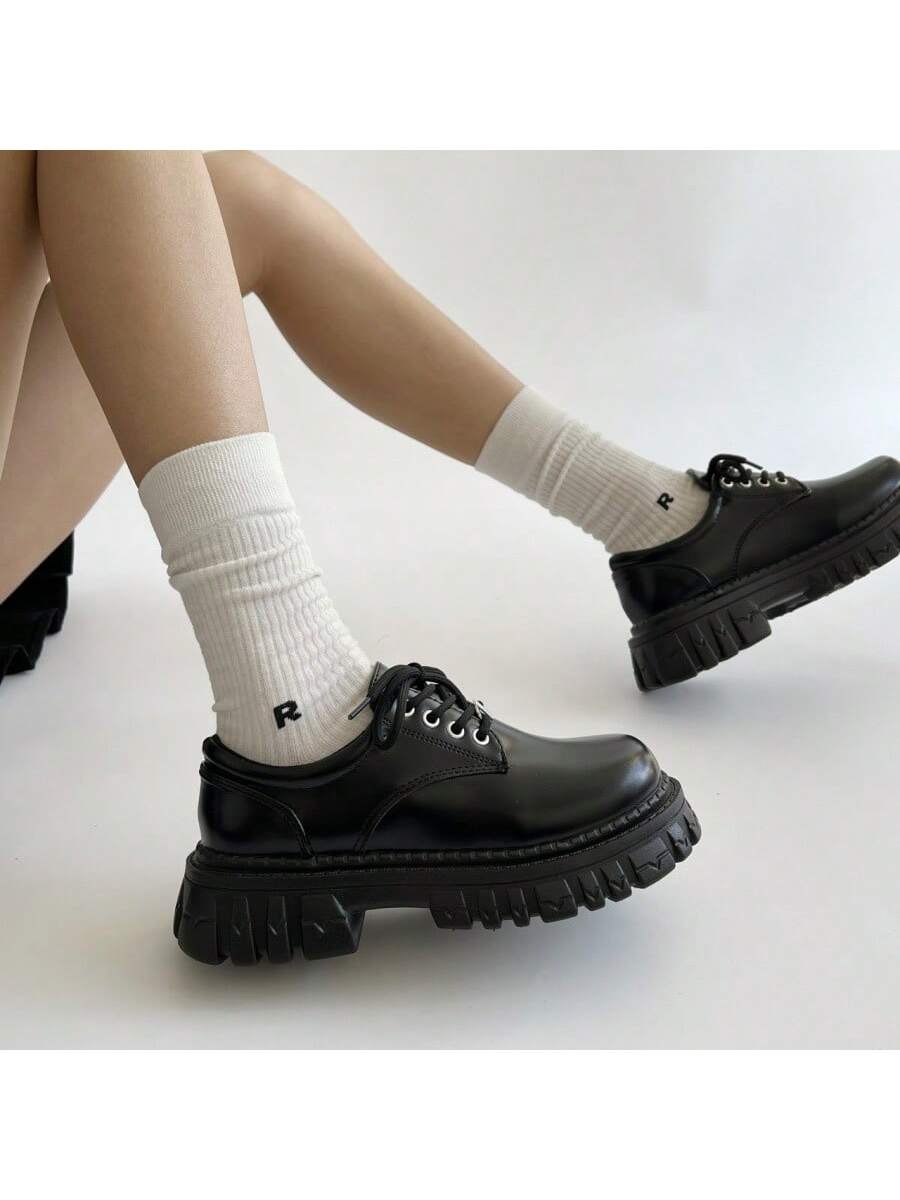 Thick-Sole Shoes With Vintage British Style, Comfortable Black Pu Leather Women's Shoes With High Platform For Summer, College Style Footwear To Match
