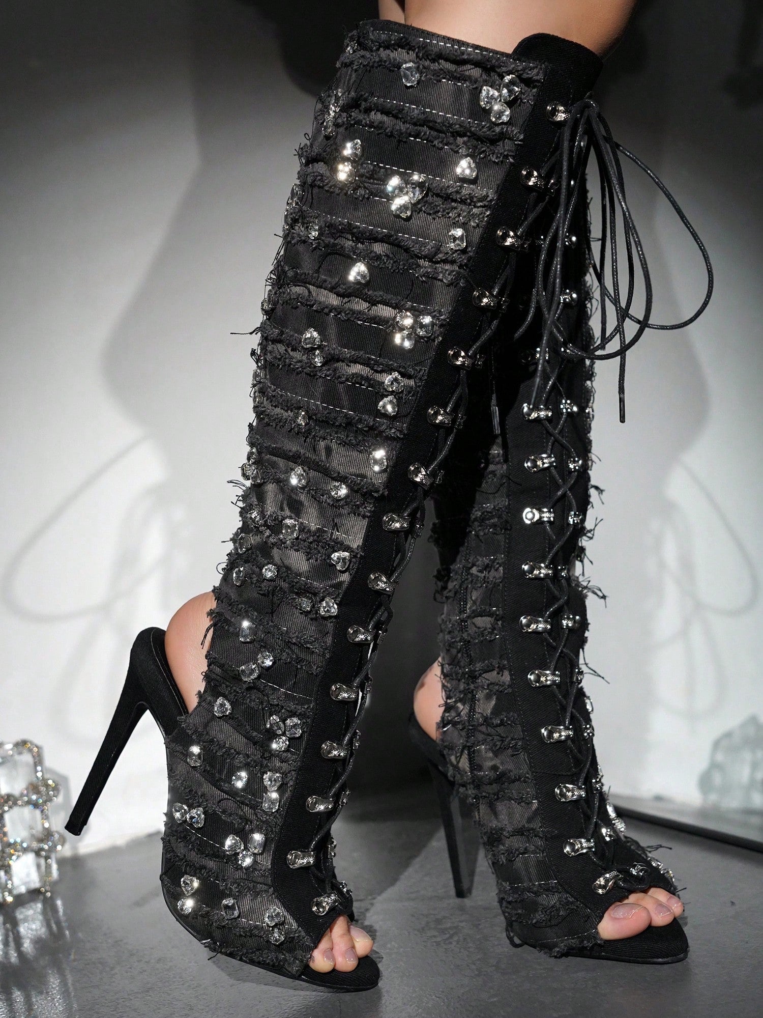 Renaissancee Peep Toe Knee-High Lace-Up Heels
