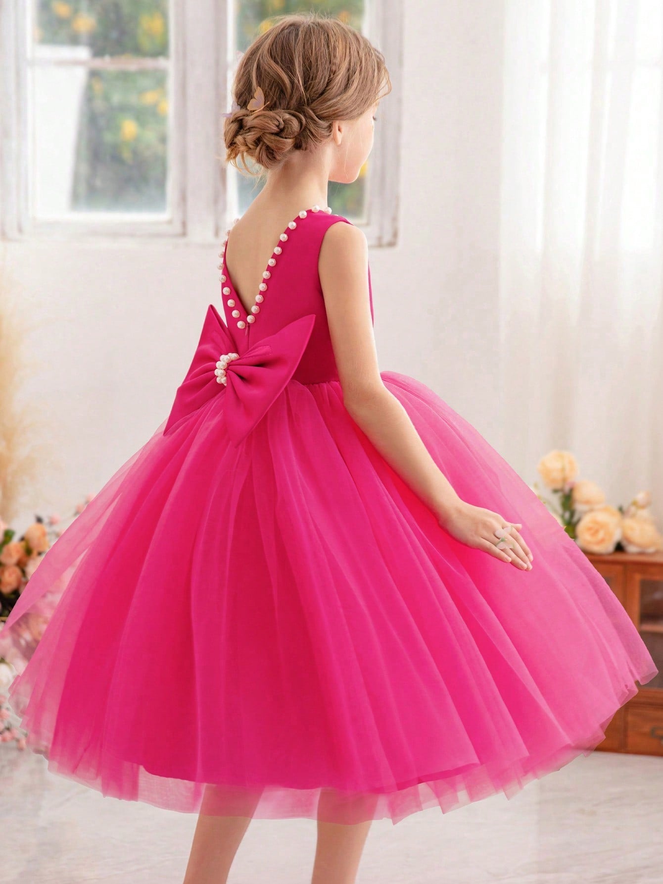 Young Girls' Pearl Butterfly Bowknot Formal Dress, Suitable For Birthday Party, Dance Party, Banquet, Festival And Wedding, Elegant Daily Wear, Stage Show, Fashion Show, Performance