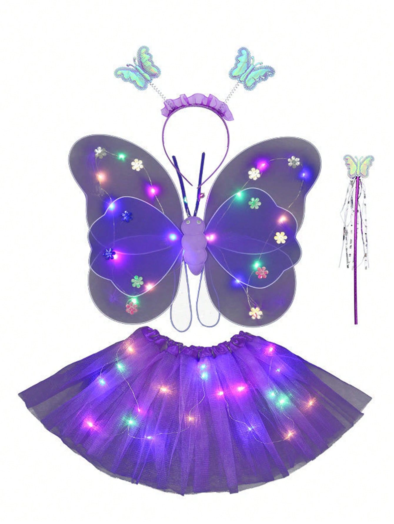 4PCS/Set Blue Glowing Butterfly Wings, Little Girl Back Decorated Children's Flash Toys, Wonderful Fairy Magic Stick Flower Fairy Set Of Four, Including Hairpins, Fairy Stick, Wings, Dress