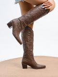 Cowboy Boots For Women, Wide Calf Knee High Cowgirl Boots With Embroidery, Almond Toe Mid Heel Retro Fashion Tall Cowgirl Boot Pull On For Ladies