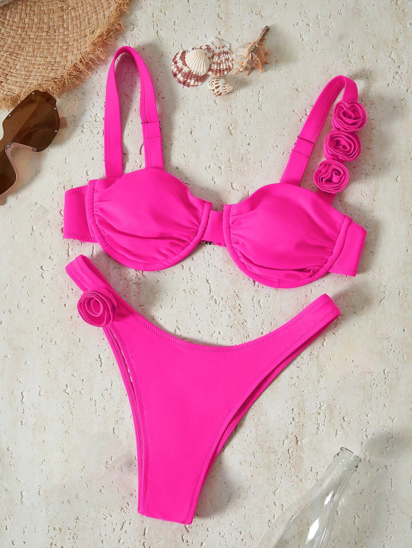 Bikinx Solid Color Underwire 3d Flower Design Sexy Bikini Set