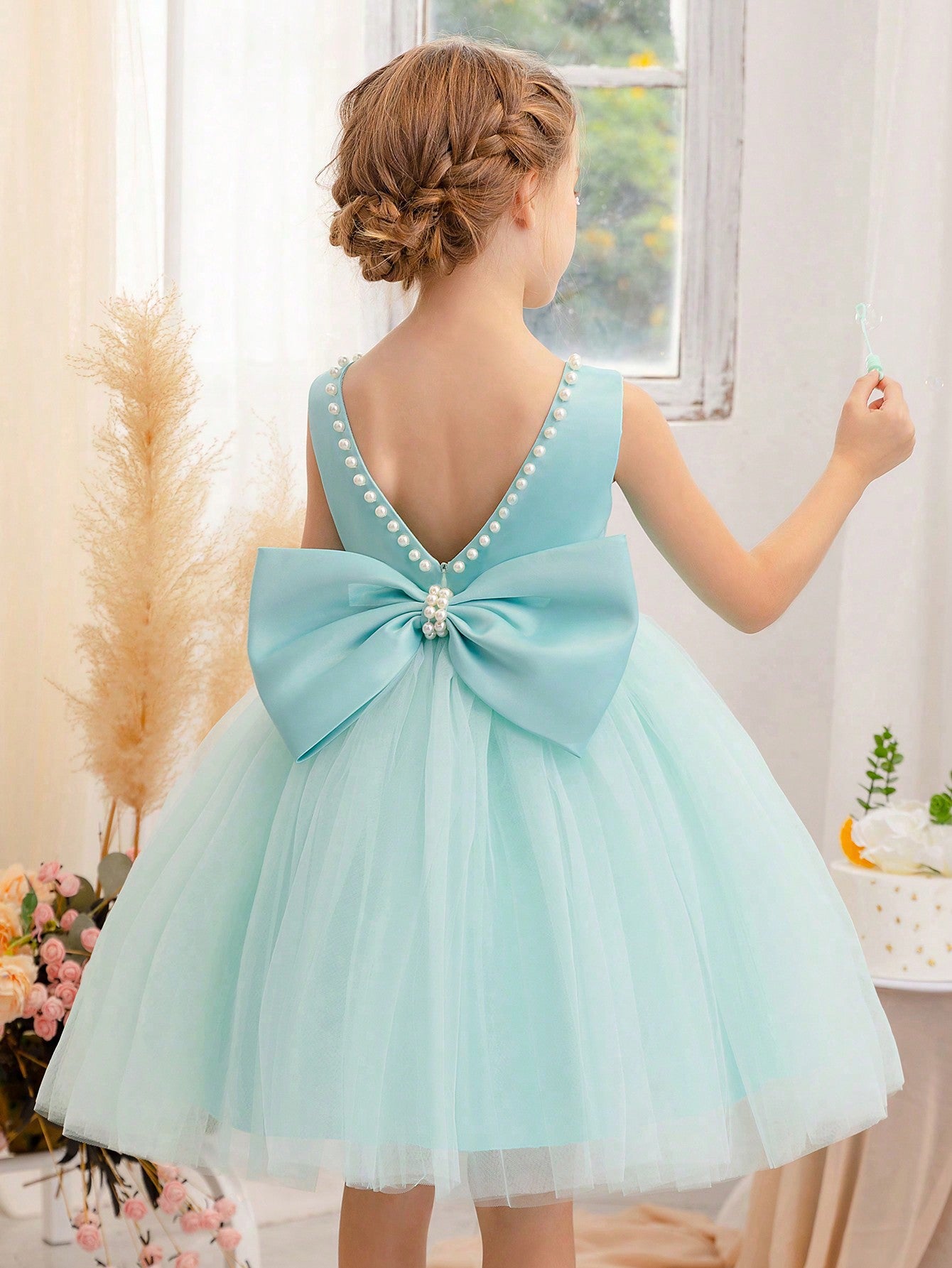 Young Girls' Pearl Butterfly Bowknot Formal Dress, Suitable For Birthday Party, Dance Party, Banquet, Festival And Wedding, Elegant Daily Wear, Stage Show, Fashion Show, Performance