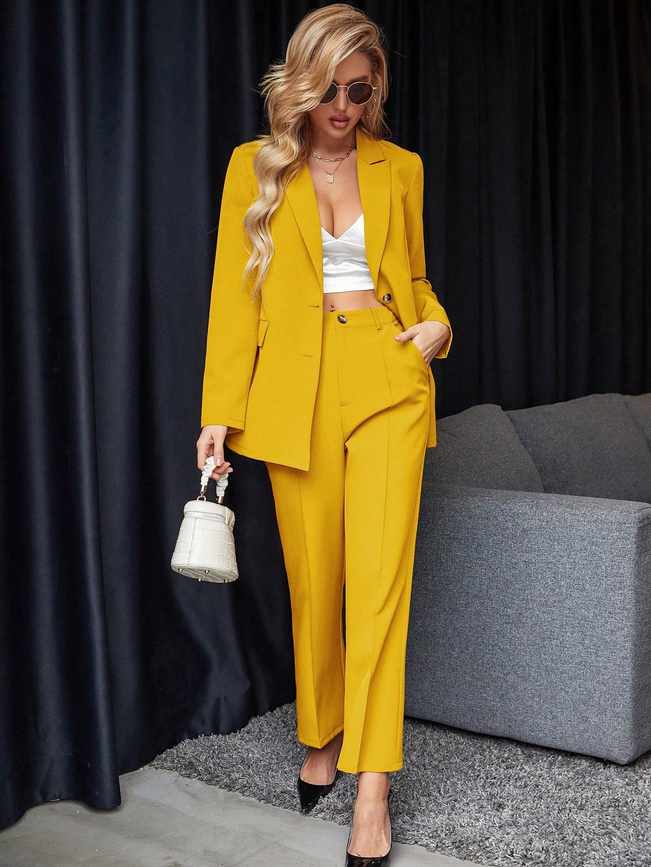 Solid Single Button Blazer & Pants