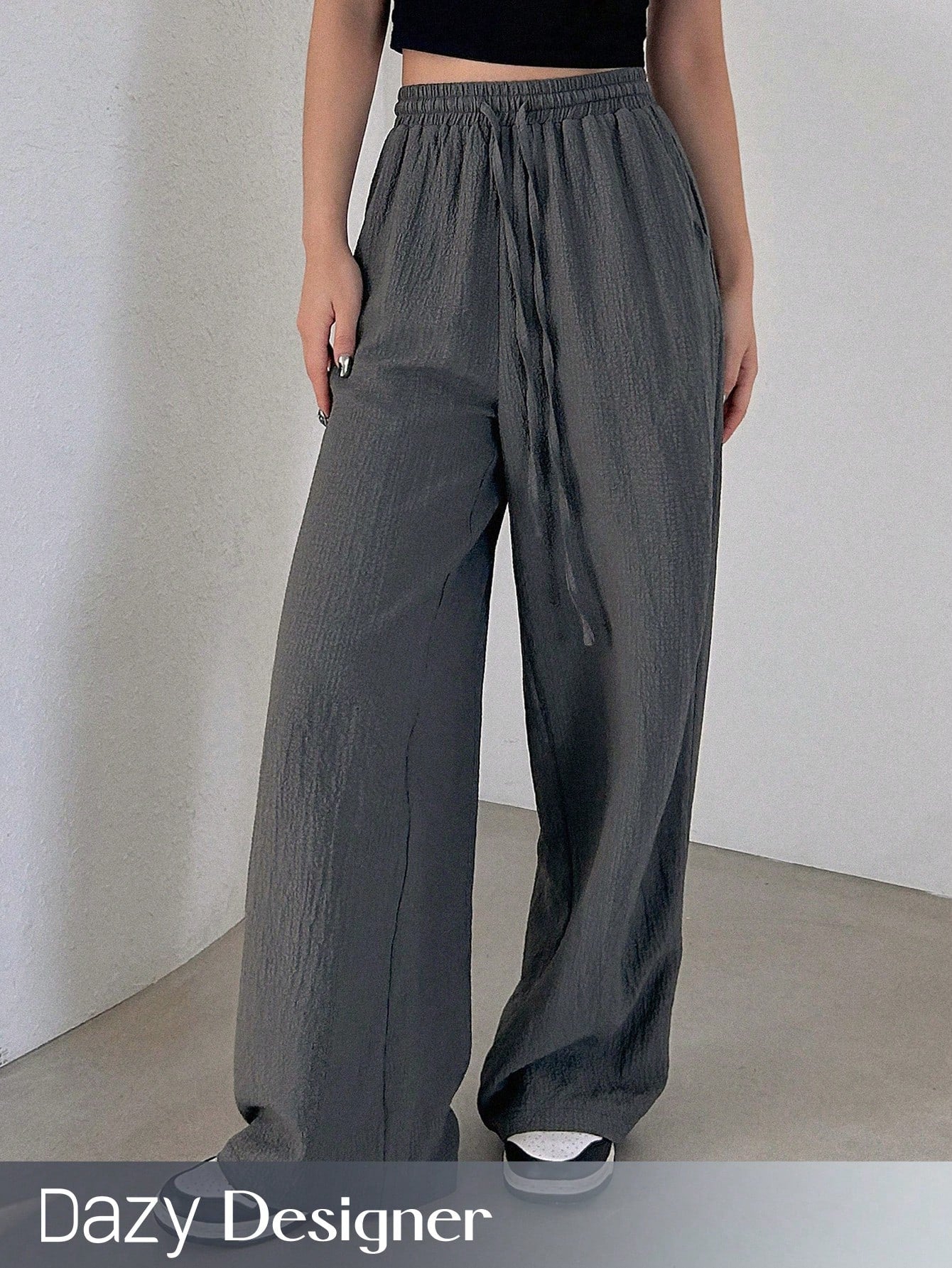 Designer Solid Color Elastic Waist Loose Fit Long Women Casual Pants With Drawstring