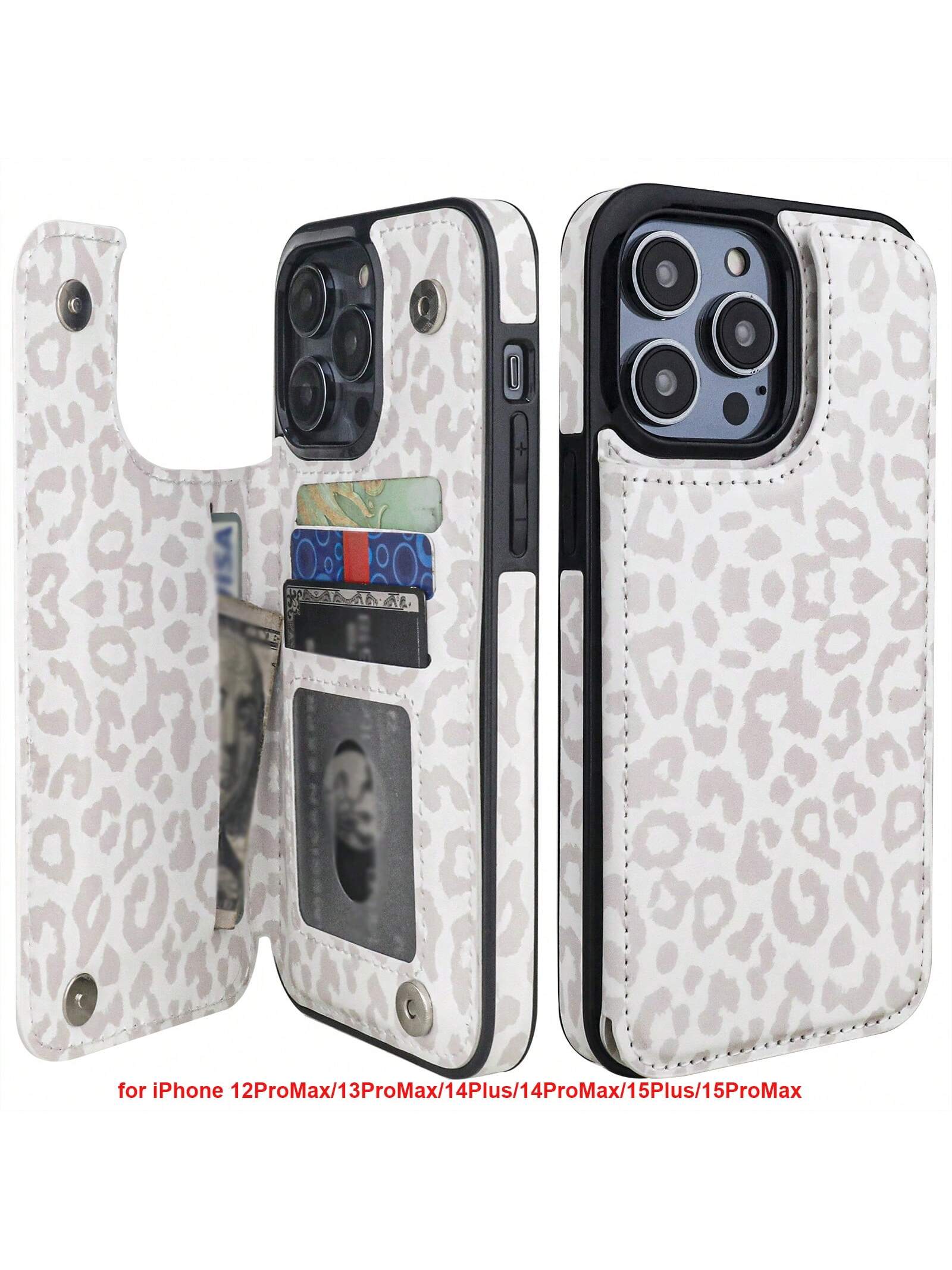 Case Wallet With Card Holder Compatible With IPhone 12ProMax/13ProMax//14Plus/14ProMax/15Plus/15ProMax , Back Flip Folio PU Leather Kickstand Card Slots Case For Women Girls, Double Magnetic Clasp Shockproof Cover White Leopard