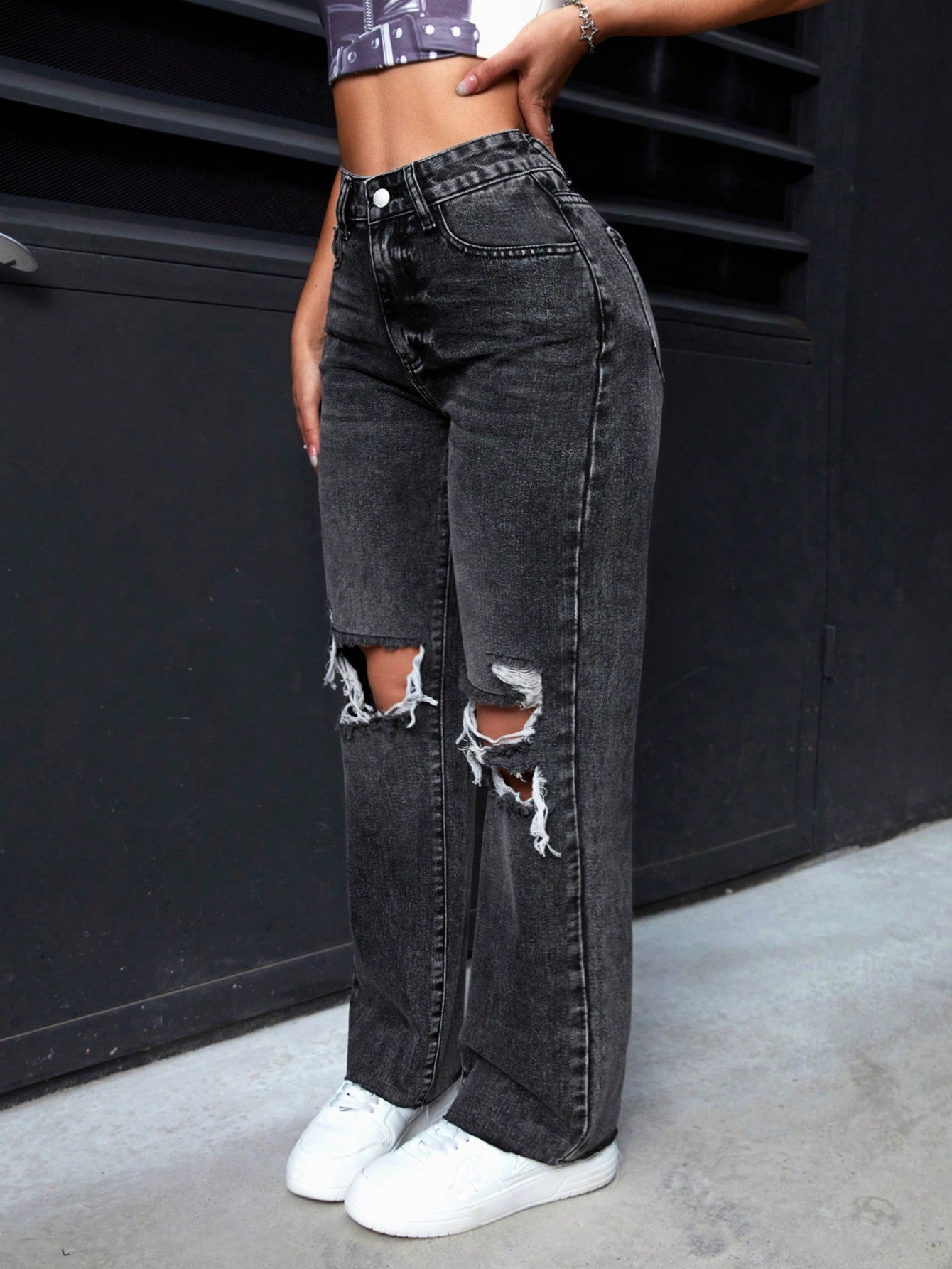Washed Ripped Straight Leg Jeans