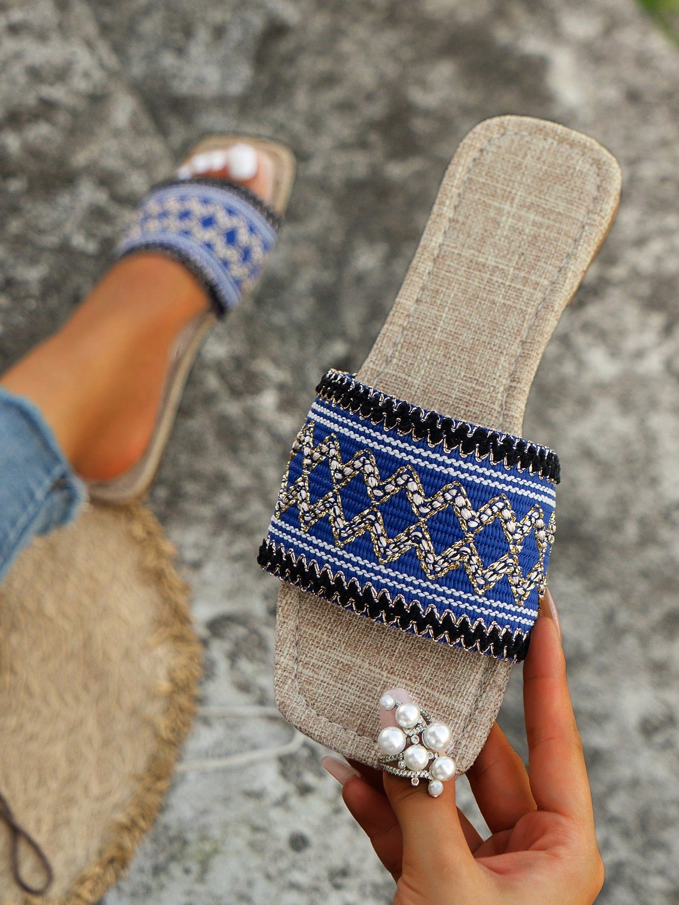 Summer Colorful Embroidery Flat Sandals, Vintage Beaded Flip Flops
