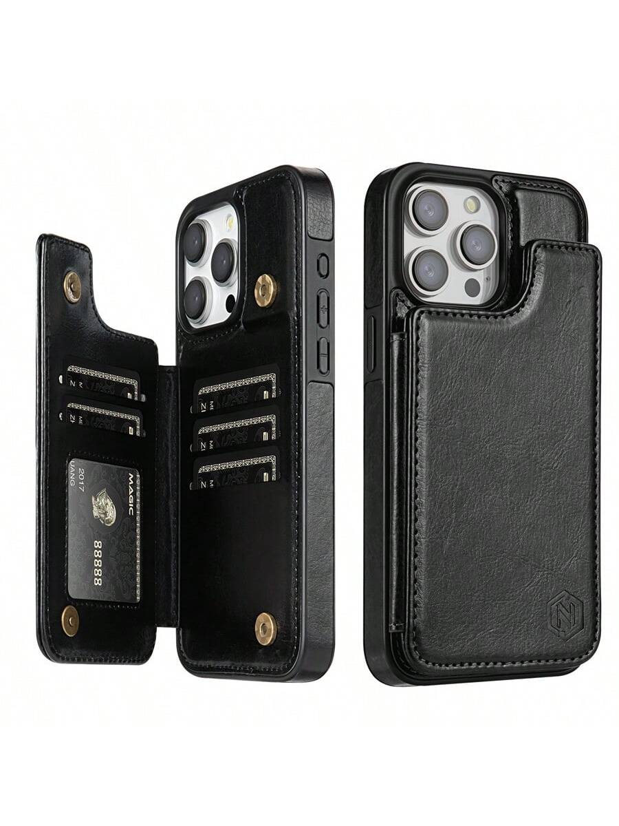 A Brown Wallet Solid Color Double Buckle RFID Blocking With Card Slot Photo Frame Support Function Magnetism Flip PU Artificial Leather Case Compatible With IPhone 15 Pro Max 14 Plus 13 12 11 XS XR SE 2022 2020 8 7 Samsung Galaxy S24 Ultra S23 S22 Plus S2