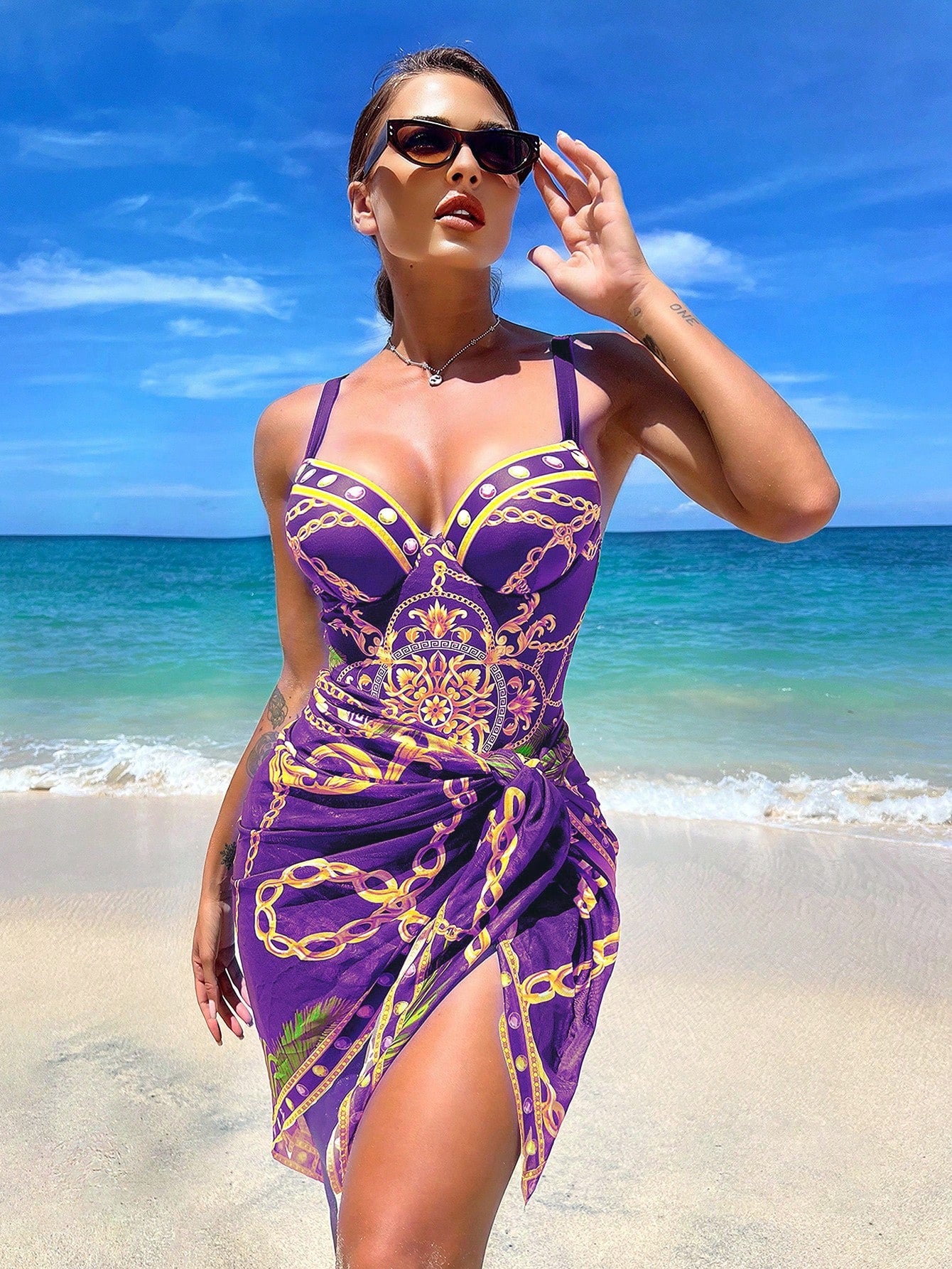 Chain Print Push Up One Piece Swimsuit With Beach Skirt