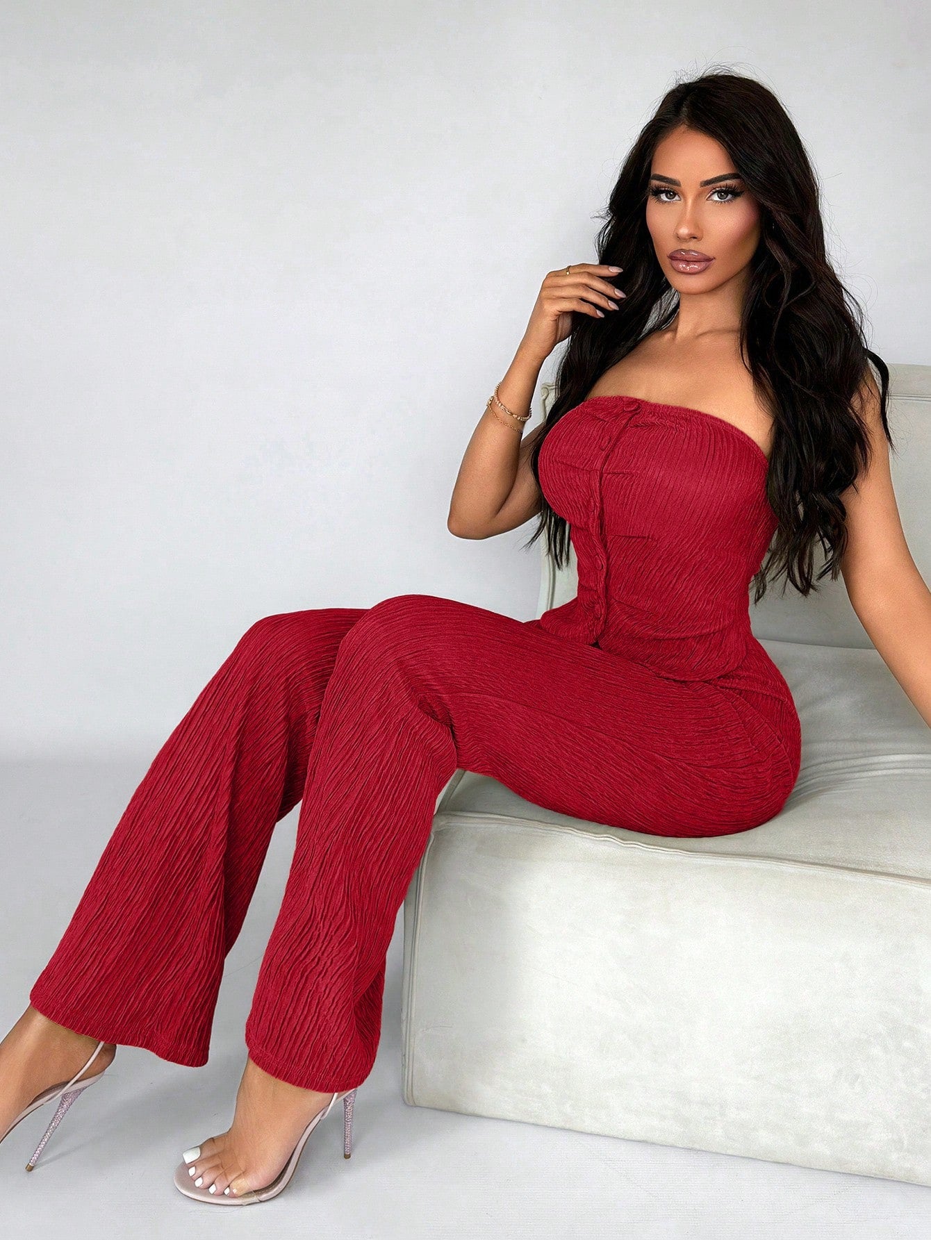 Commute Minimalist Office Simple Satin Sexy Elegant Party Top & Long Pants Set