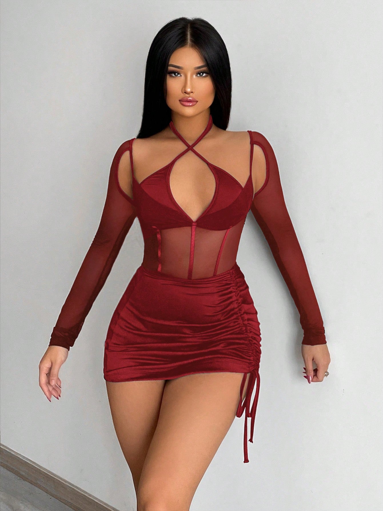 Crisscross Halter Neck Mesh Insert Bodysuit & Drawstring Side Bodycon Skirt