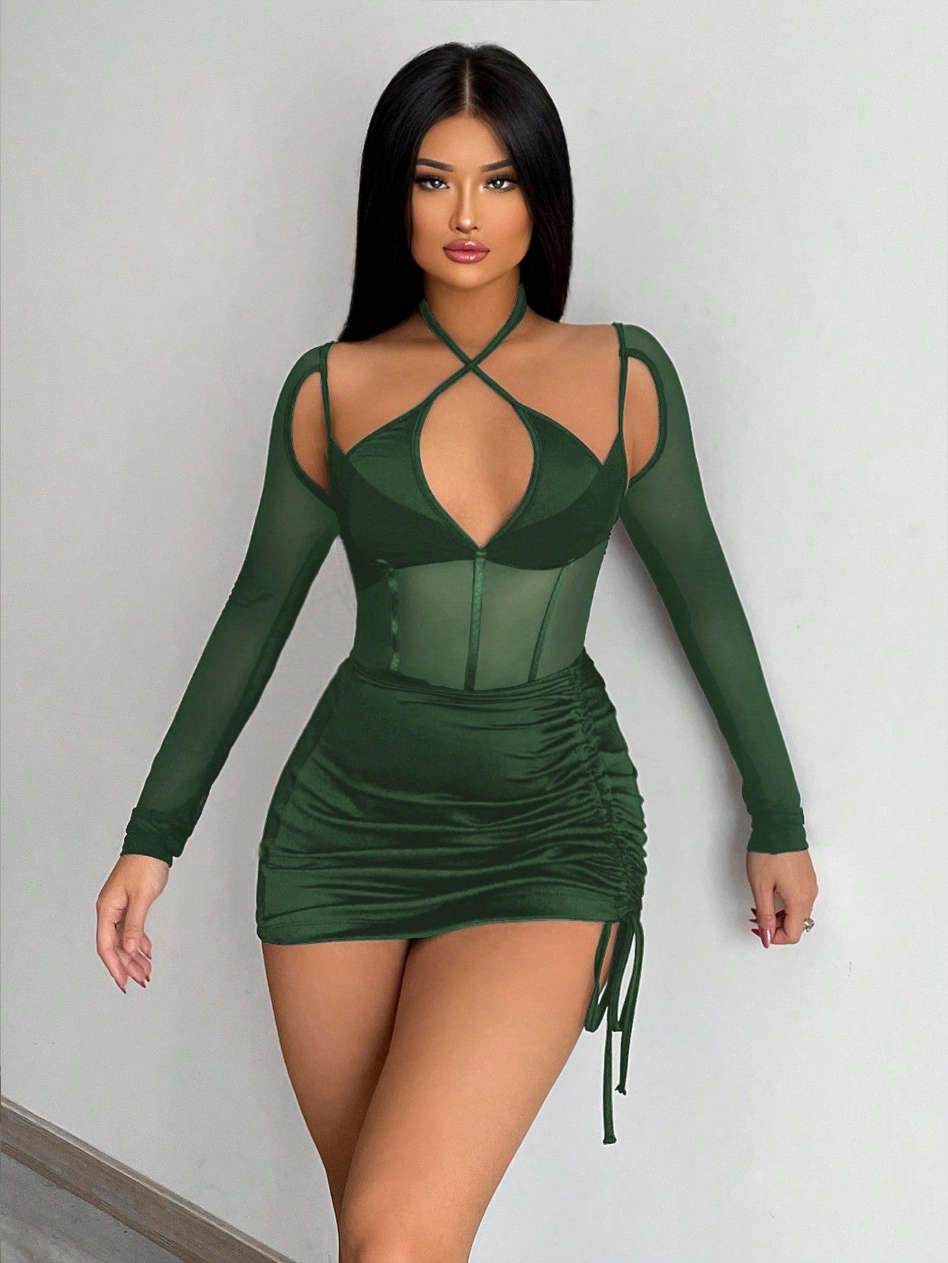 Crisscross Halter Neck Mesh Insert Bodysuit & Drawstring Side Bodycon Skirt