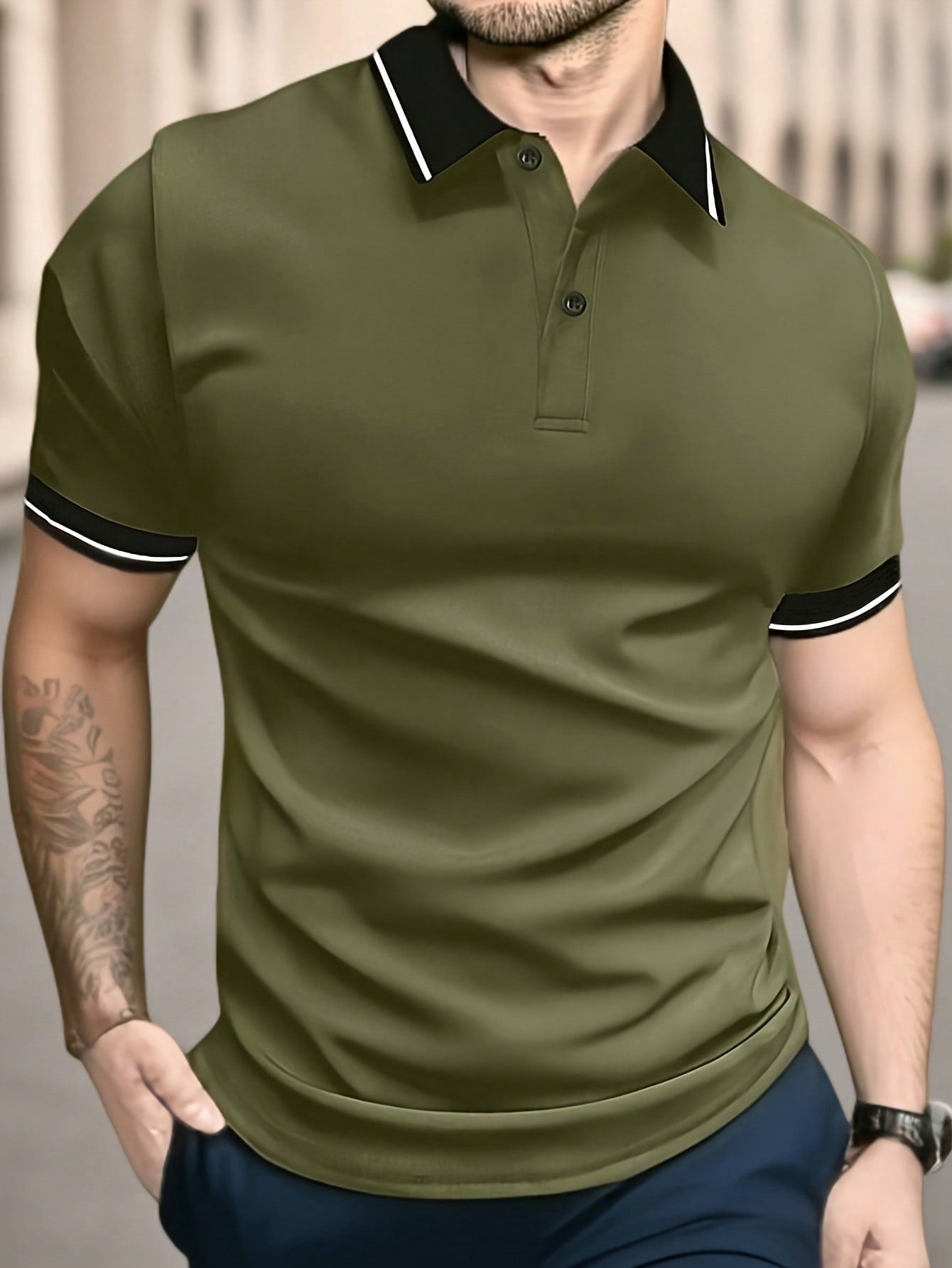 Men's Summer Vintage Turn-Down Collar Color-Block Short Sleeve Polo Shirt