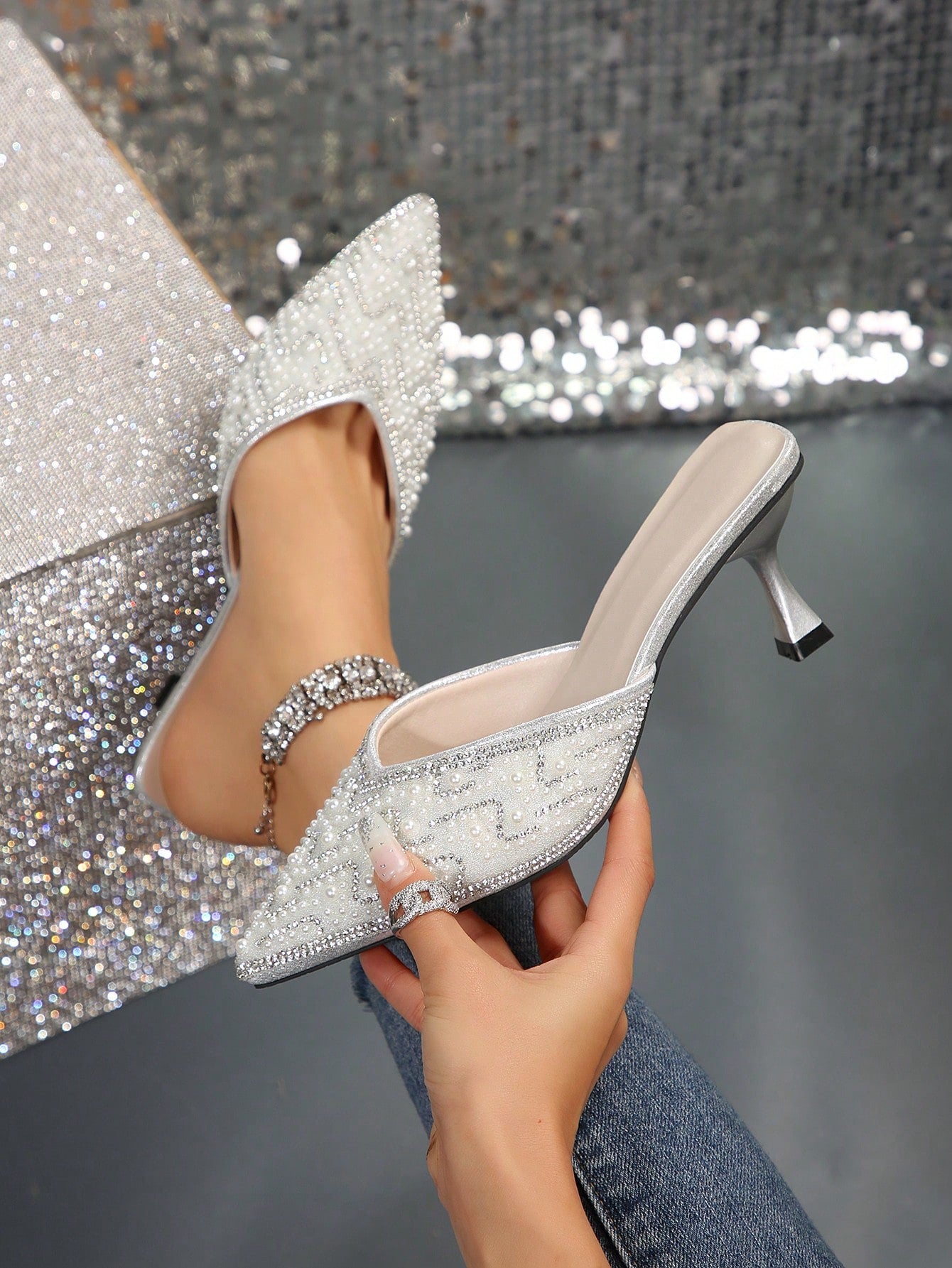 New Spring/Autumn Korean Style Champagne Colored High Heels With Pointed Toe Faux Pearl & Rhinestone Decor Stiletto Heels Chic Mules For Women