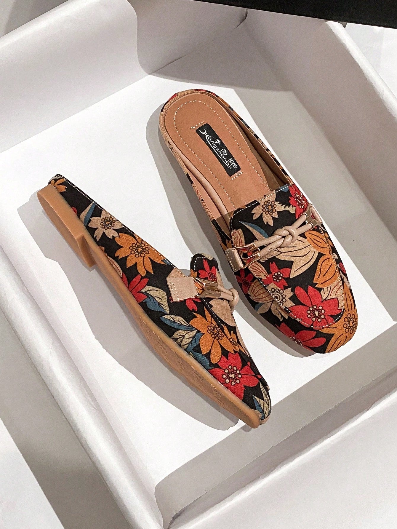 Two Tone Knot Decor Flat Mules, Multicolor Elegant Contrast Color Knotted Mules Heels