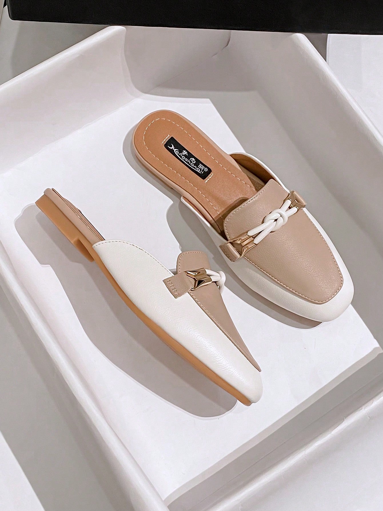 Two Tone Knot Decor Flat Mules, Multicolor Elegant Contrast Color Knotted Mules Heels