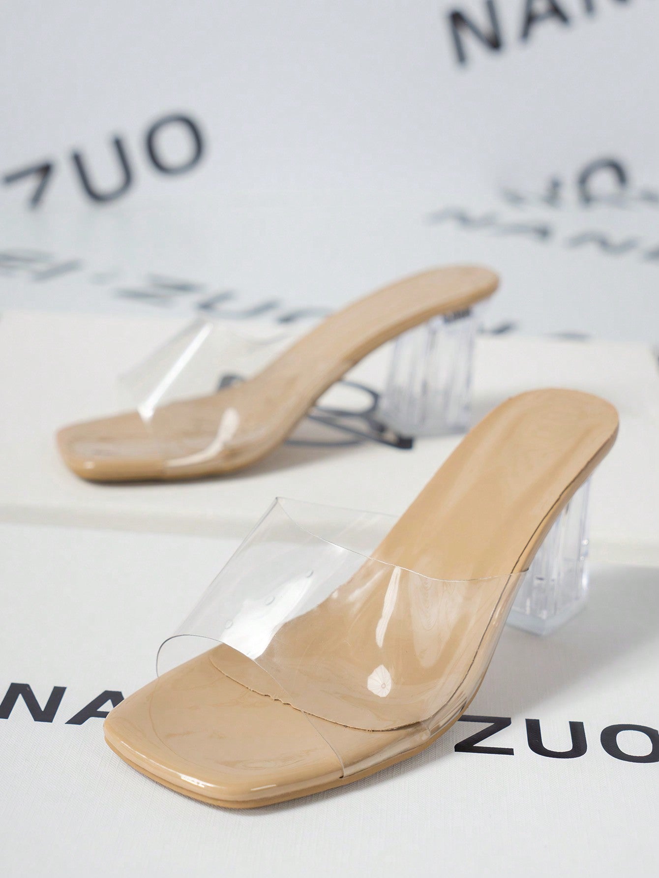 Party & Vacation Season Promotions, Classic Elegant Women's High Heel Sandals With Crystal Heel, Square Toe, Chunky Heel, Transparent Strap & Decorative Design For All Seasons In Coffee Brown Color