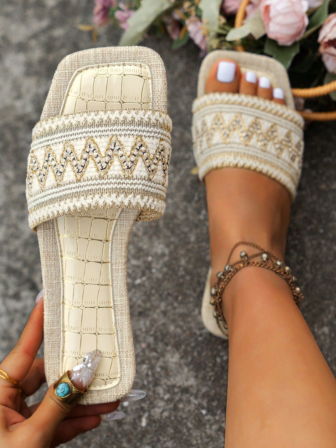Summer Colorful Embroidery Flat Sandals, Vintage Beaded Flip Flops