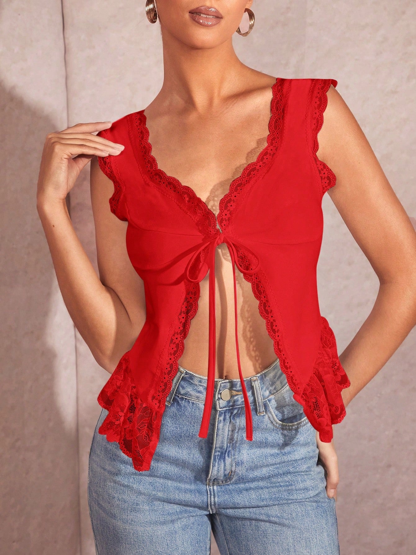 Black Lace Trim Bow Tie Going Out Summer Tank Top, Suitable For Date And Daily Wear