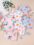Young Girl Beach Oceanic Allover Print Short Sleeve T-Shirt And Shorts Set, 6pcs Snug Fit Home Outfit