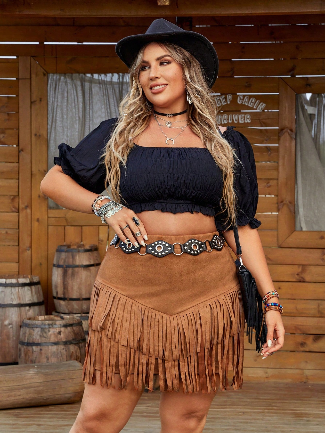 Plus Size Solid Color Fringed Decorated Skirt Western Woman Attire Plus