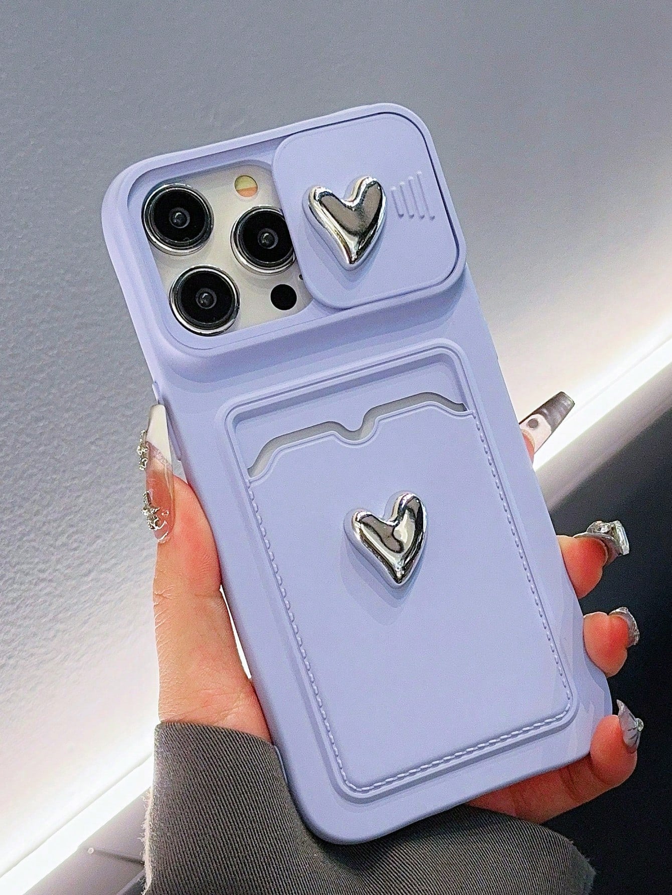 Dual Heart-Shaped Frame Slide Case With Card Holder Compatible With IPhone, Electroplated
