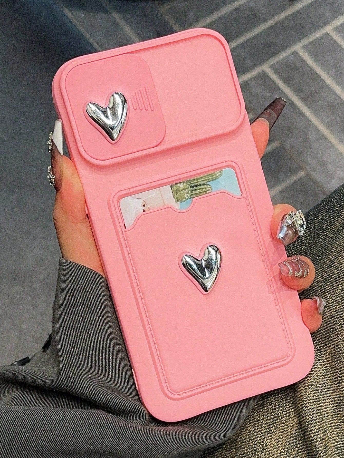 Sliding Plating Double Heart Frame Card Slot Phone Case Compatible With IPhone
