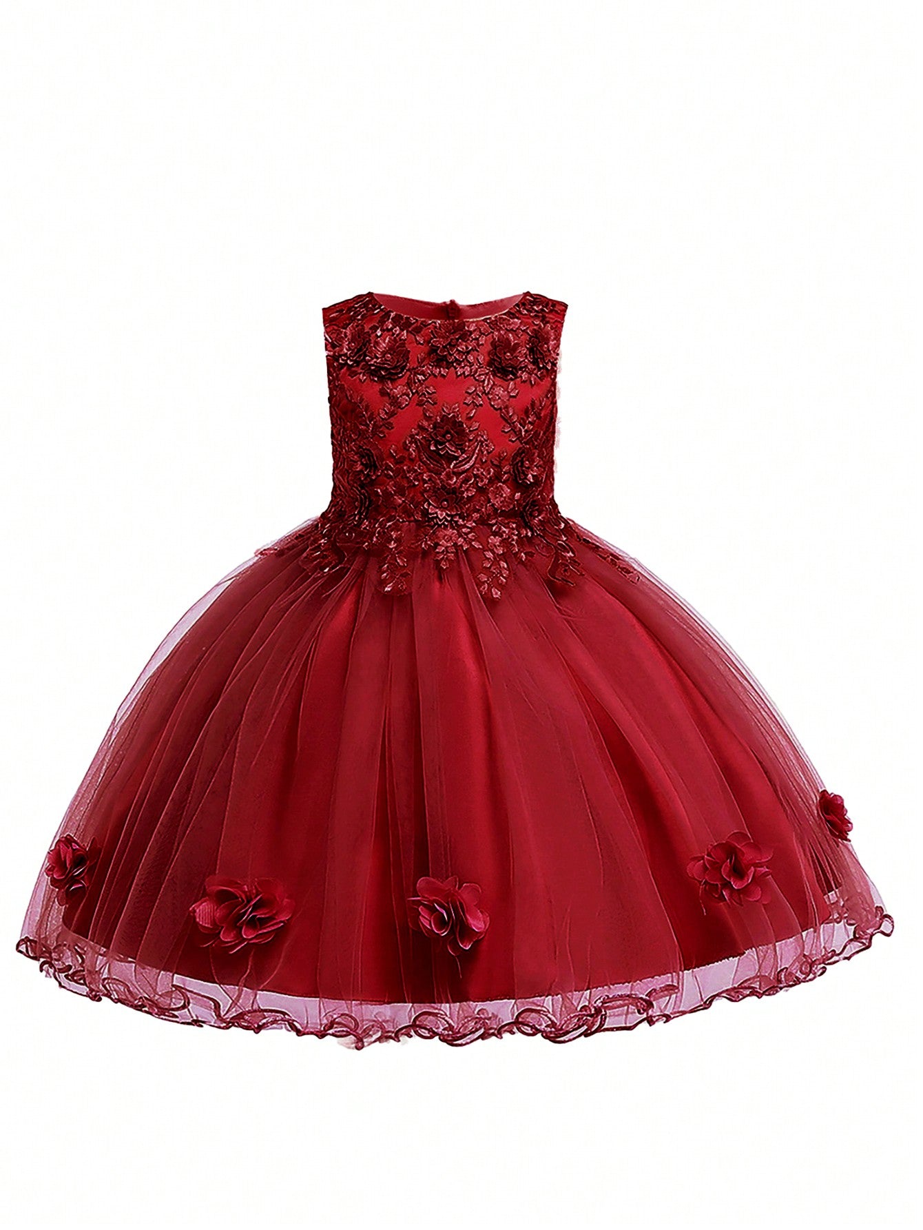 Tween Girl Princess Dress With Solid Color Mesh & Satin Fabric & 3d Flower Decoration Suitable For Birthday Party, School Performance