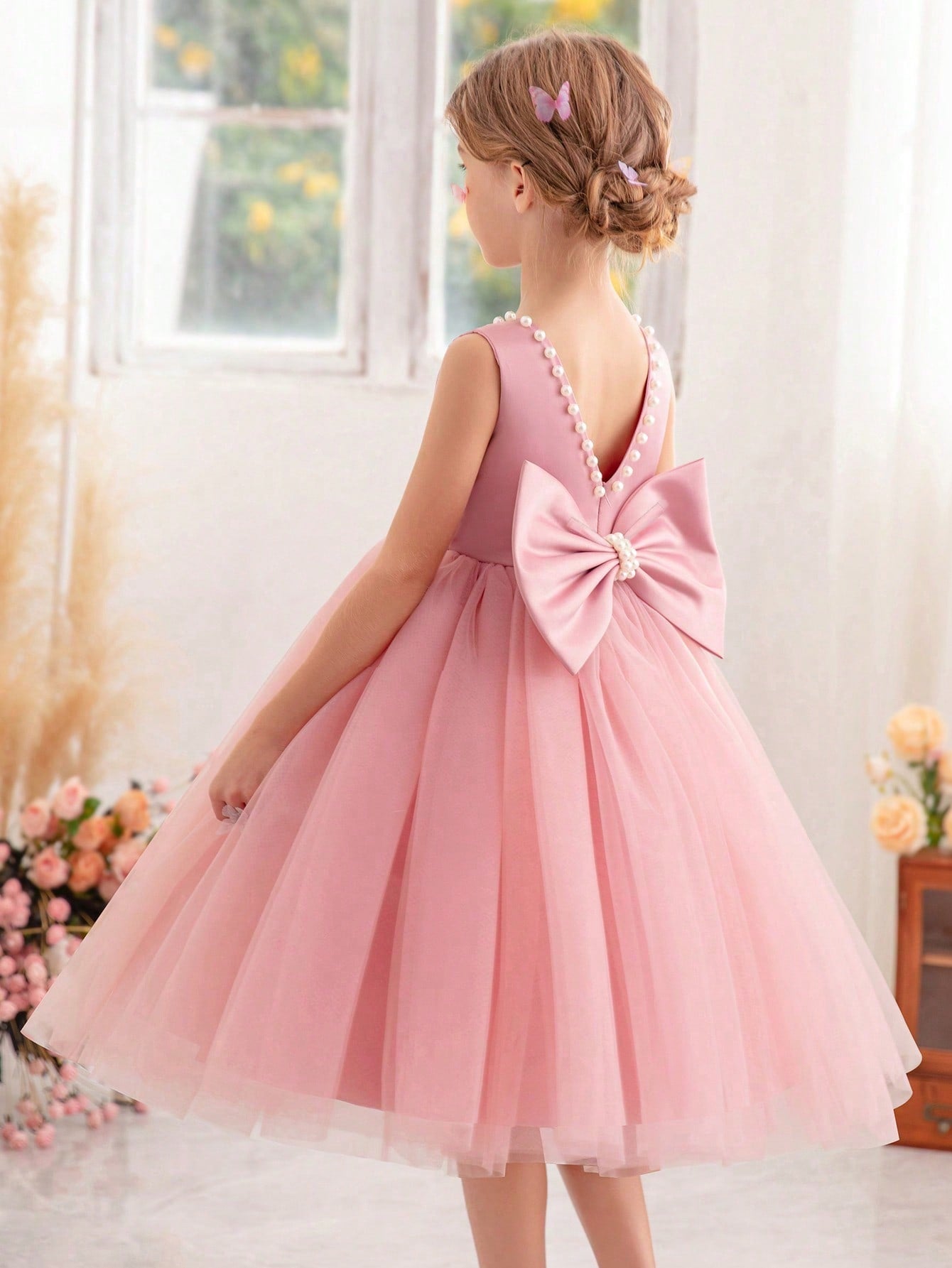 Young Girl Pearl Decor Bowknot Back Mesh Princess Dress, Suitable For Birthday, Party, Dance, Festival, Celebration, Wedding Flower Girl, Stage Show Performance