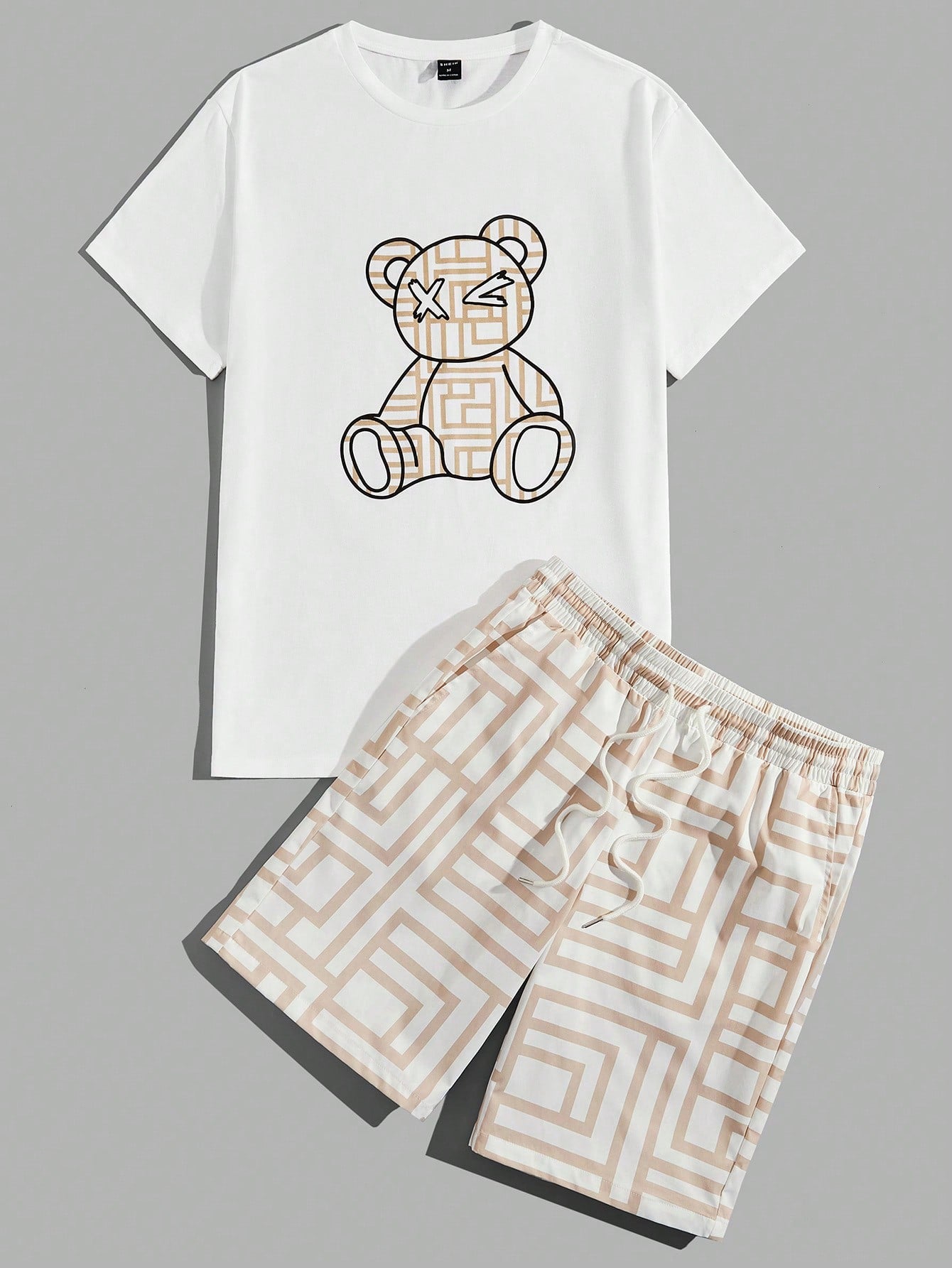 Men's Bear Printed Short Sleeve T-Shirt And Shorts Set For Summer