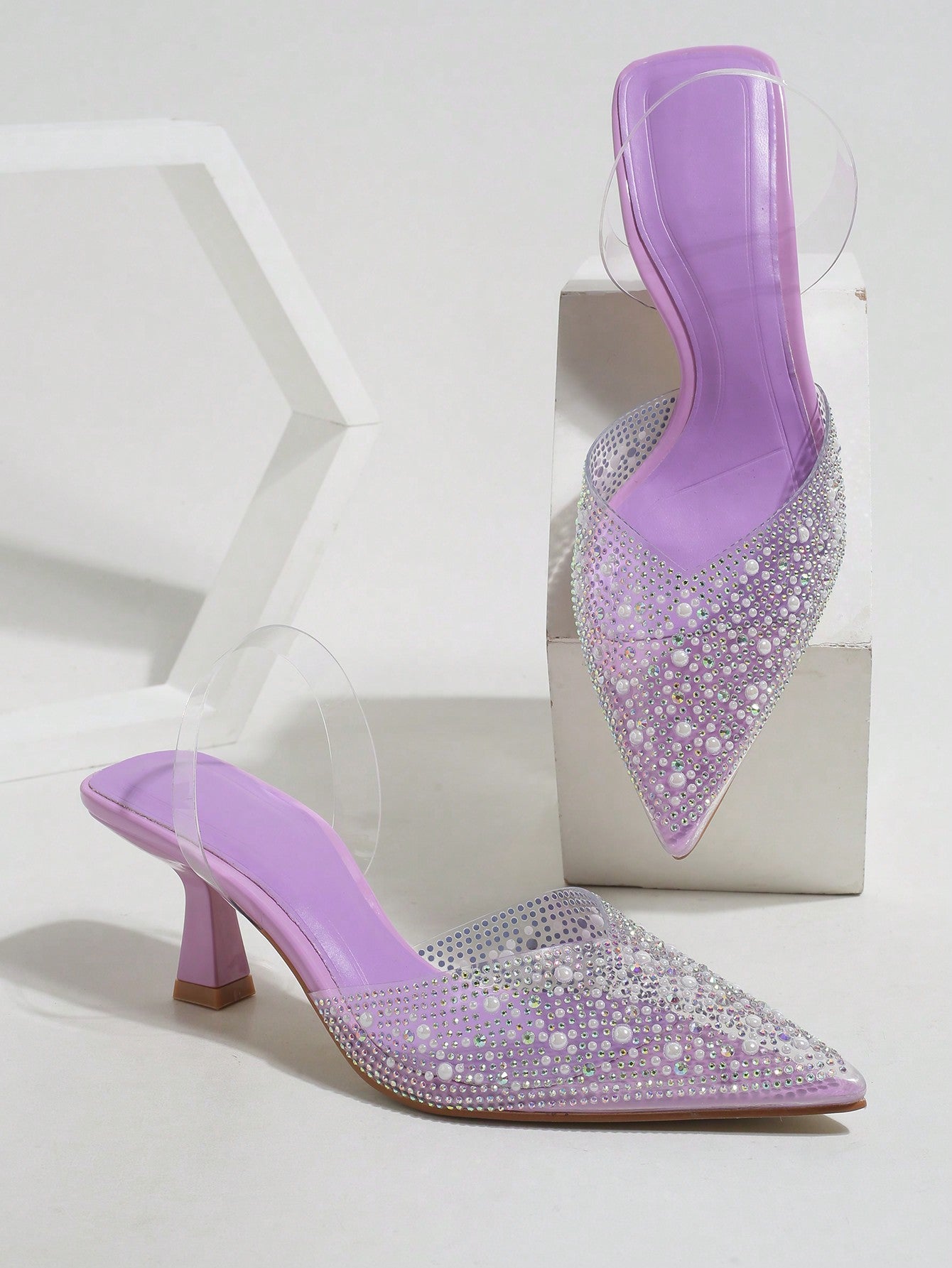 Charming Women's Fashionable Silver High Heels, Pvc Rhinestone Decor Pointed Toe Sandals With Heels