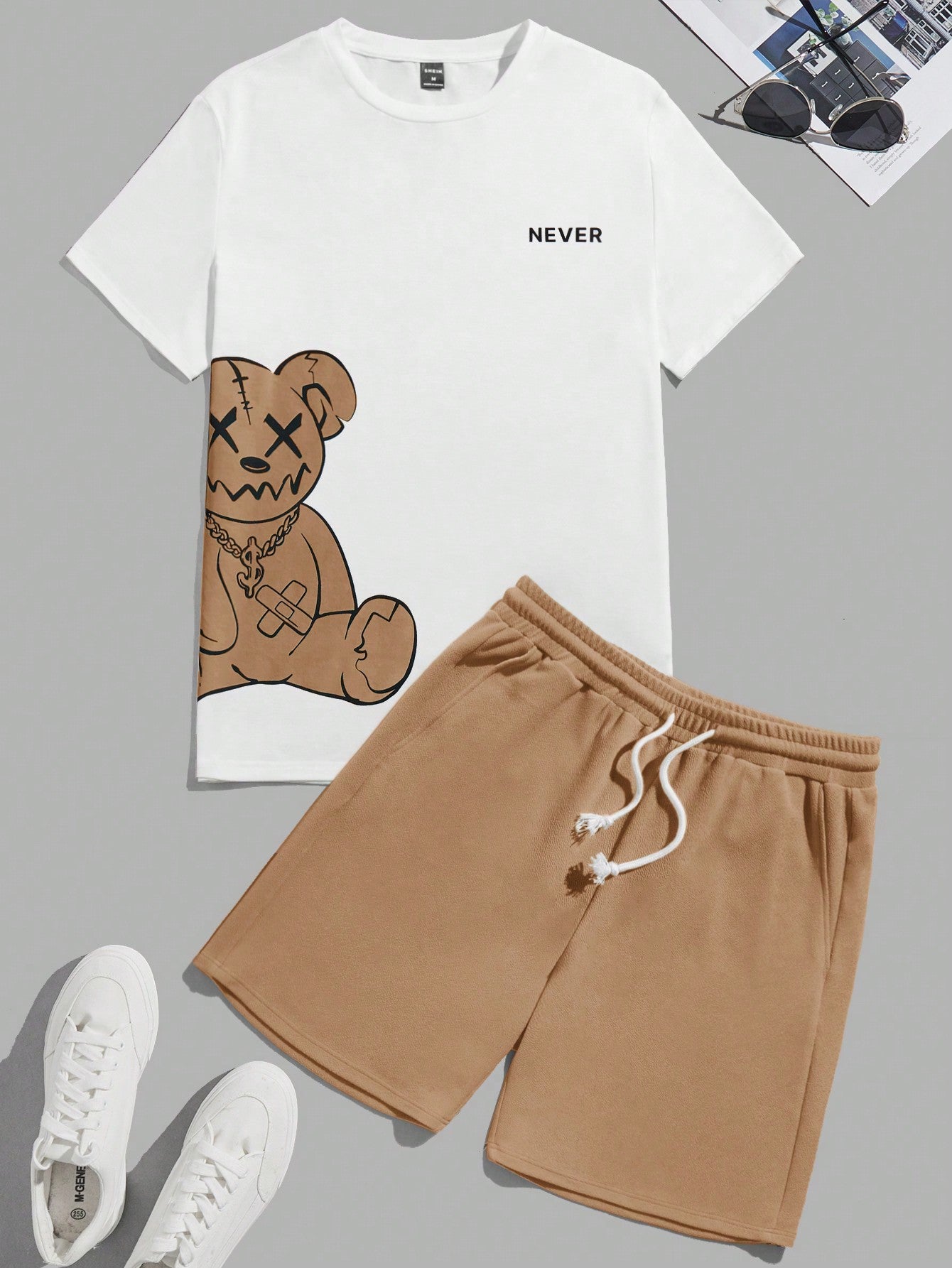 Bear Print T-Shirt And Shorts Knitting Casual Two-Piece Set